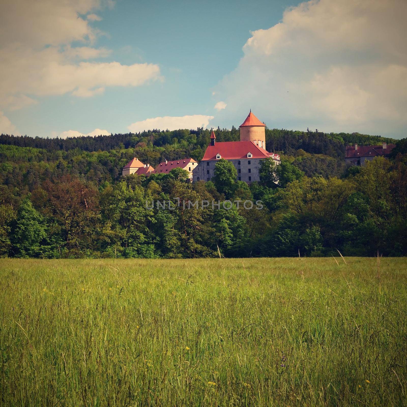 Beautiful Gothic castle Veveri. The city of Brno at the Brno dam. South Moravia - Czech Republic - Central Europe. Spring landscape. by Montypeter