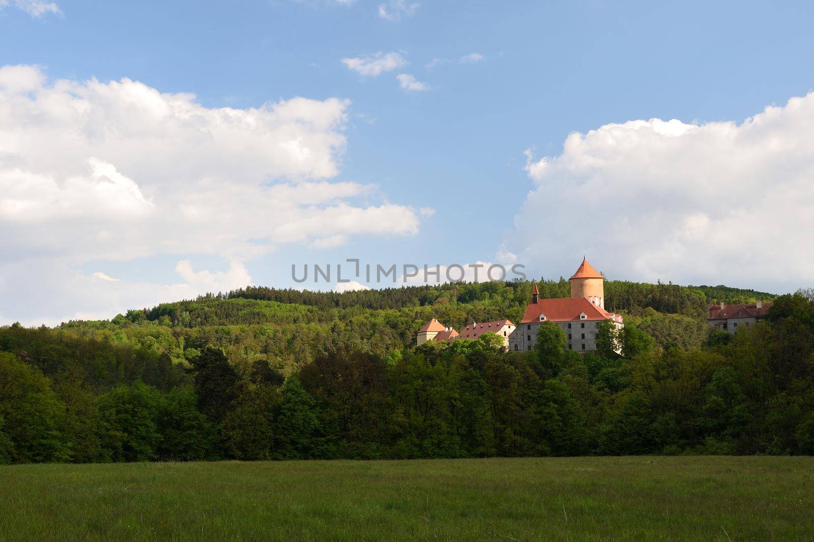 Beautiful Gothic castle Veveri. The city of Brno at the Brno dam. South Moravia - Czech Republic - Central Europe.