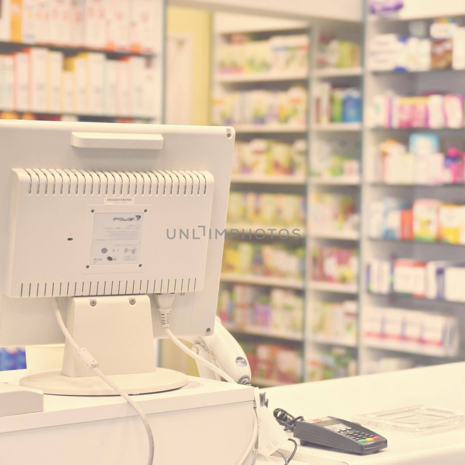 Checkout the pharmacy. Interior pharmacies and blurred background. by Montypeter