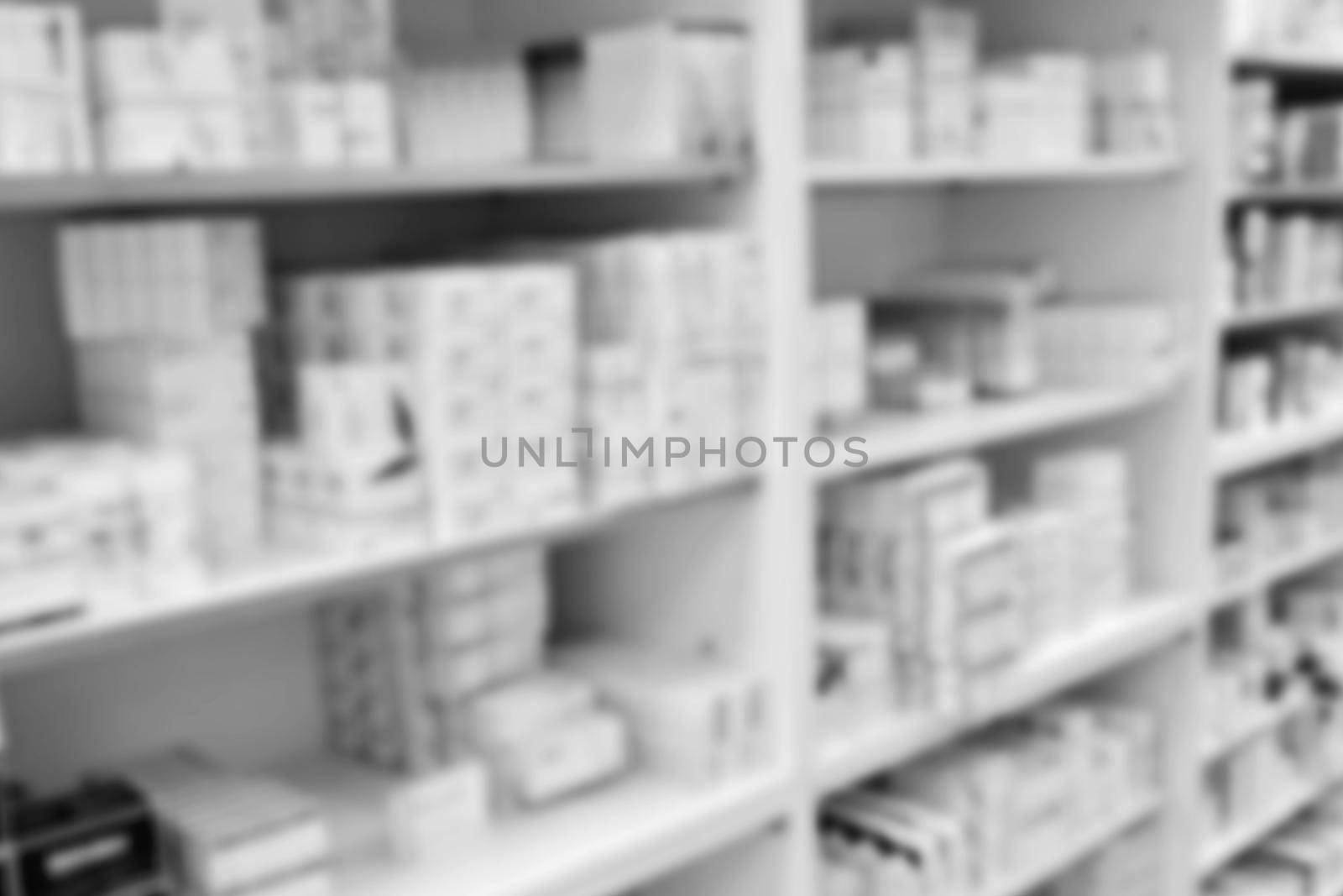 Pharmacy blurred background. Pharmacy store drugs shelves interior blurred background
