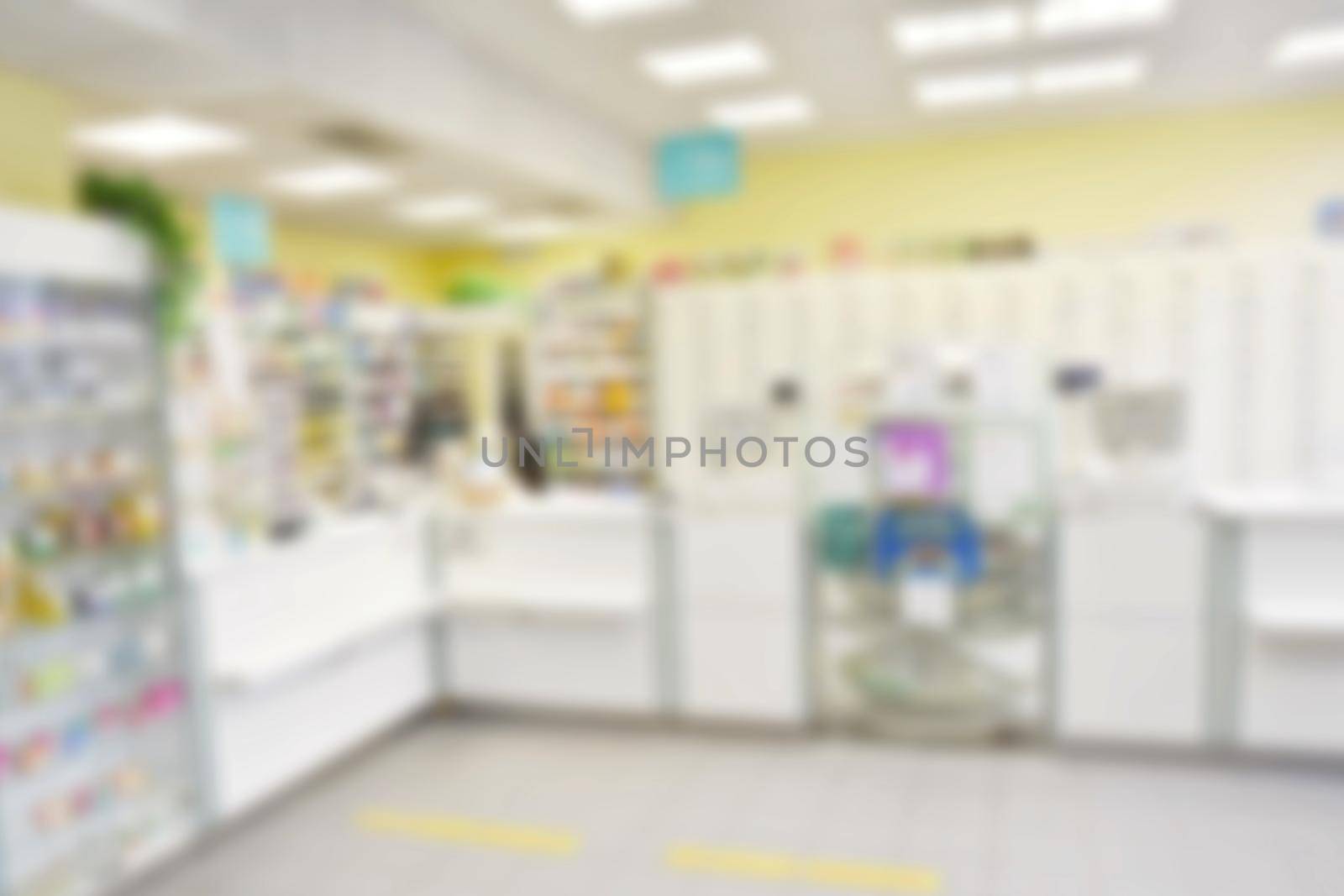 Pharmacy blurred background. Pharmacy store drugs shelves interior blurred background