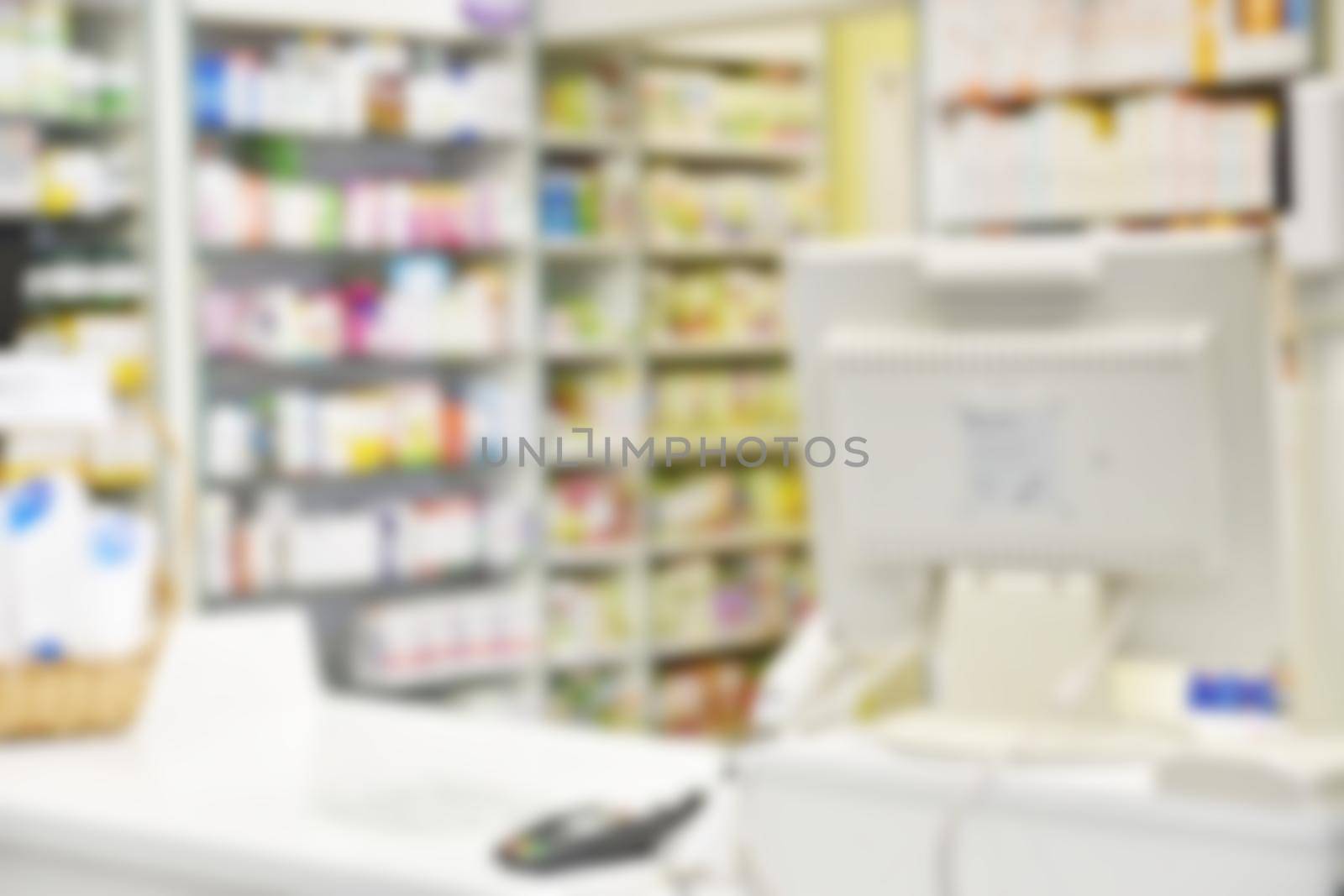 Pharmacy blurred background. Pharmacy store drugs shelves interior blurred background