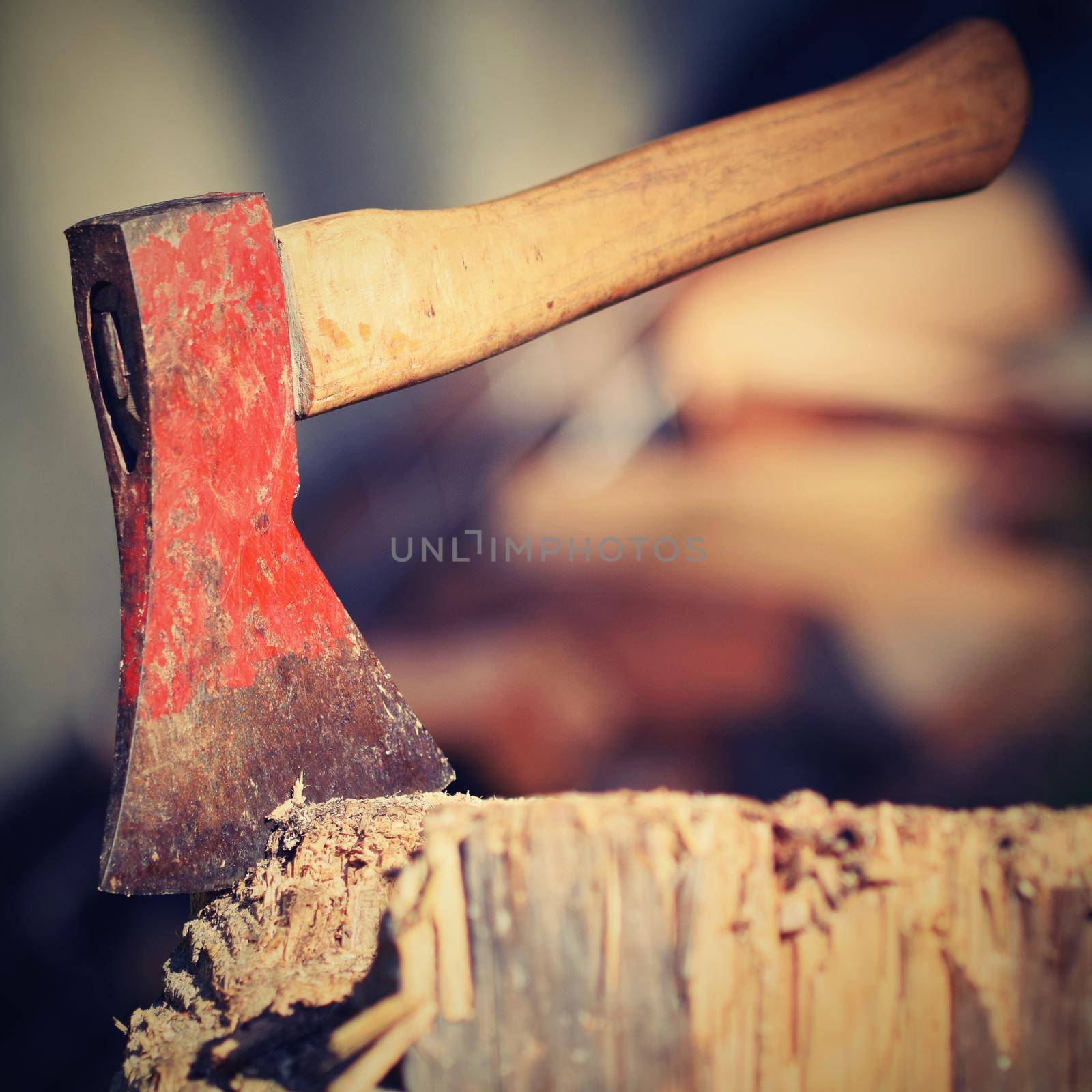 Ax in the stump. nice color natural blurred background