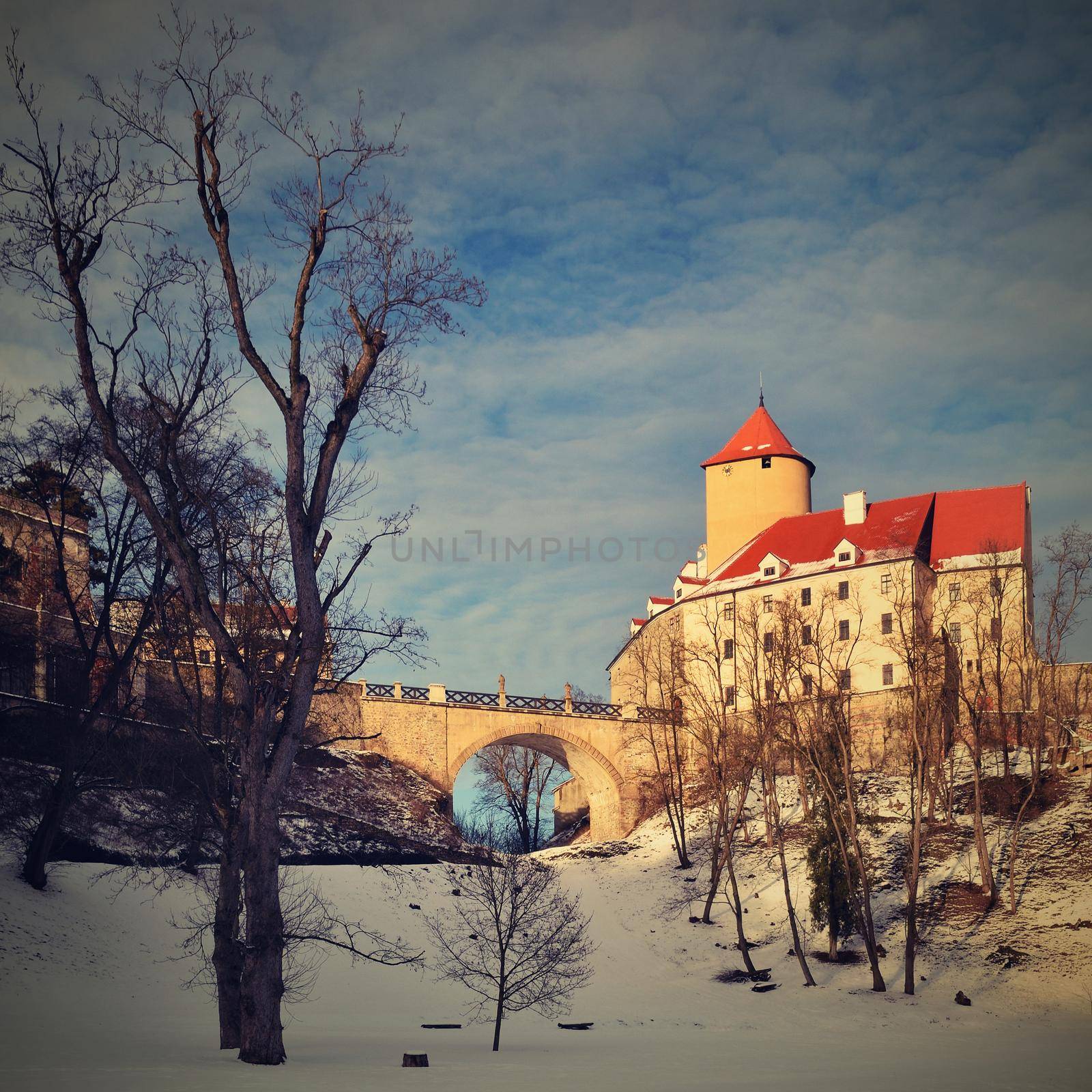 Winter landscape with a beautiful Gothic castle Veveri. Brno city - Czech Republic - Central Europe. by Montypeter