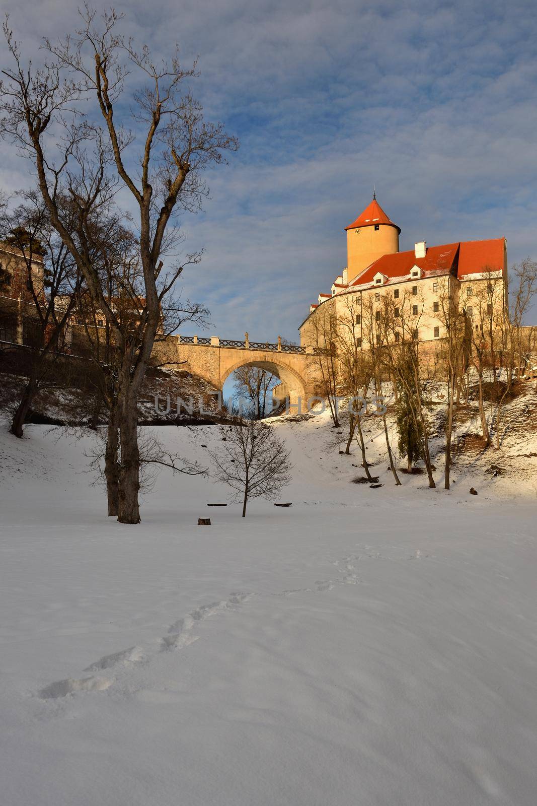 Winter landscape with a beautiful Gothic castle Veveri. Brno city - Czech Republic - Central Europe. by Montypeter