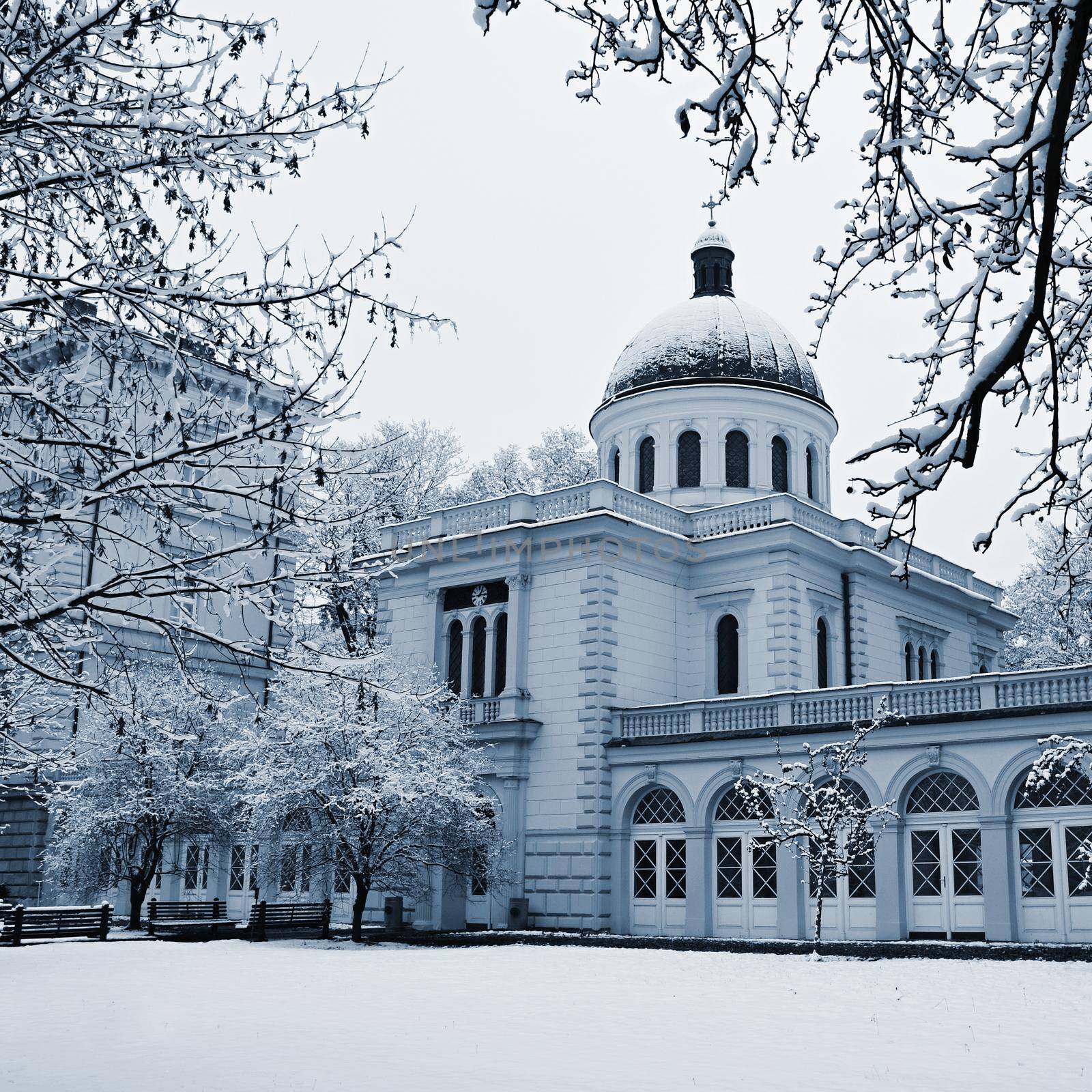 Gothic chapel. Czech Republic city of Brno. The Chapel of the Mother of God. Chapel of St. Anne's Hospital. Winter landscape - frosty trees.