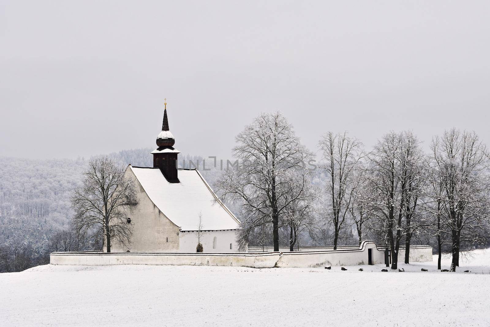Winter landscape with a beautiful chapel near castle Veveri. Czech Republic city of Brno. The Chapel of the Mother of God.