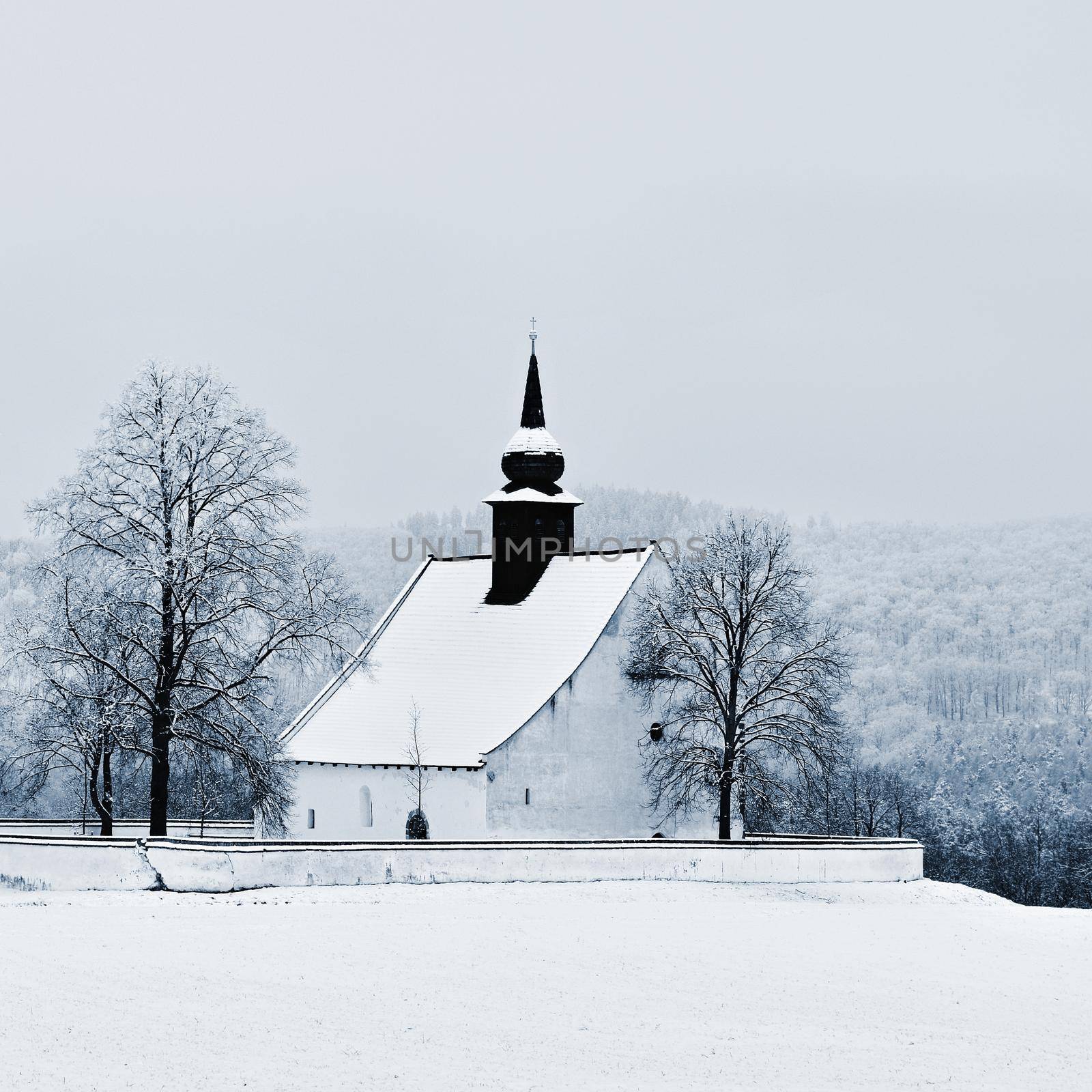 Winter landscape with a beautiful chapel near castle Veveri. Czech Republic city of Brno. The Chapel of the Mother of God.