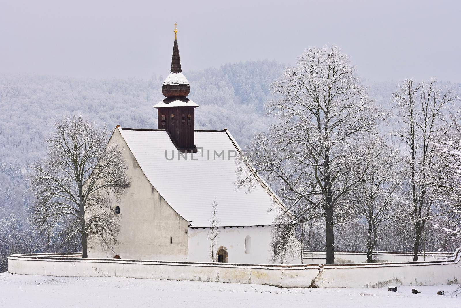 Winter landscape with a beautiful chapel near castle Veveri. Czech Republic city of Brno. The Chapel of the Mother of God.