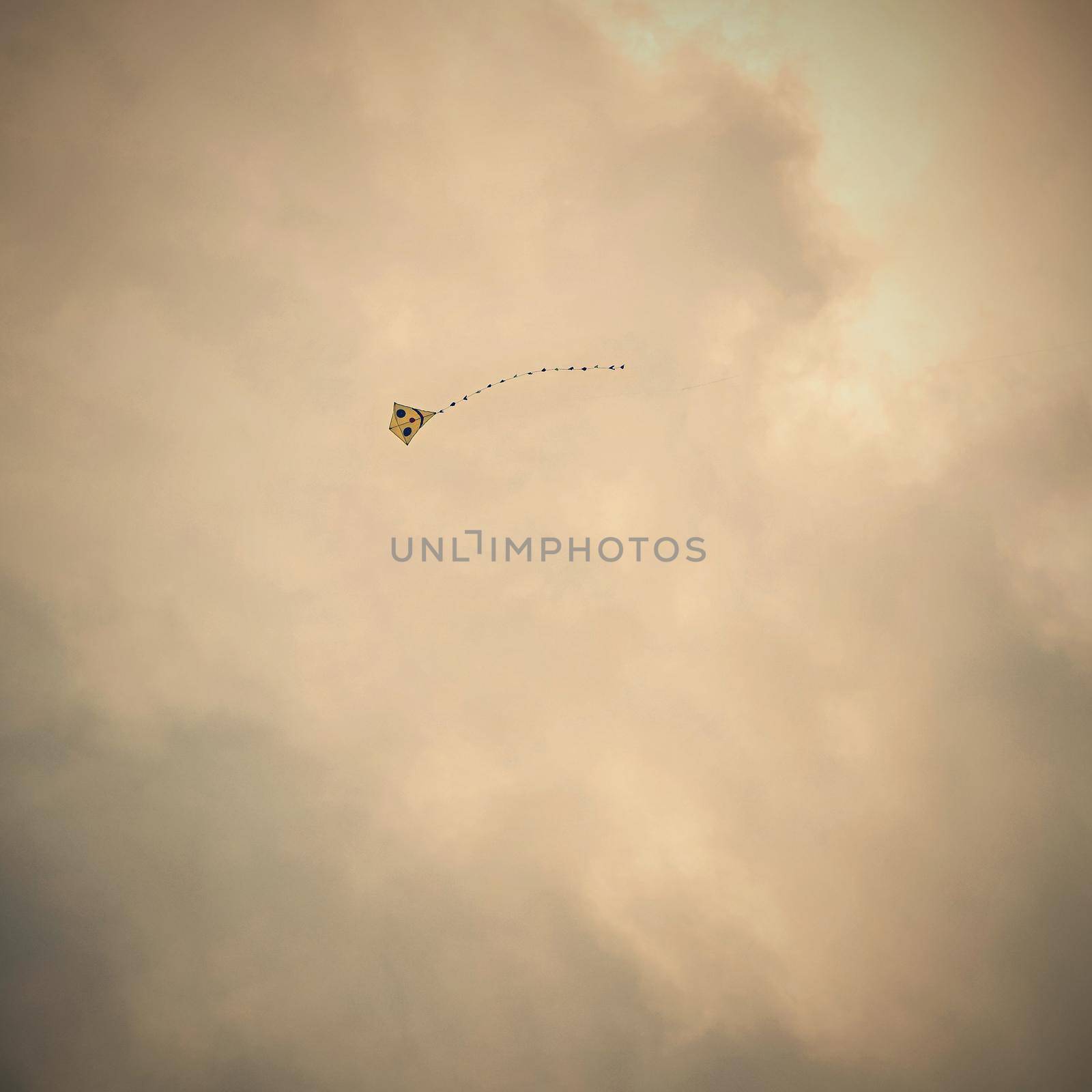 Kite flying in the beautiful autumn windy day. Blue sky background with sun and clouds. by Montypeter