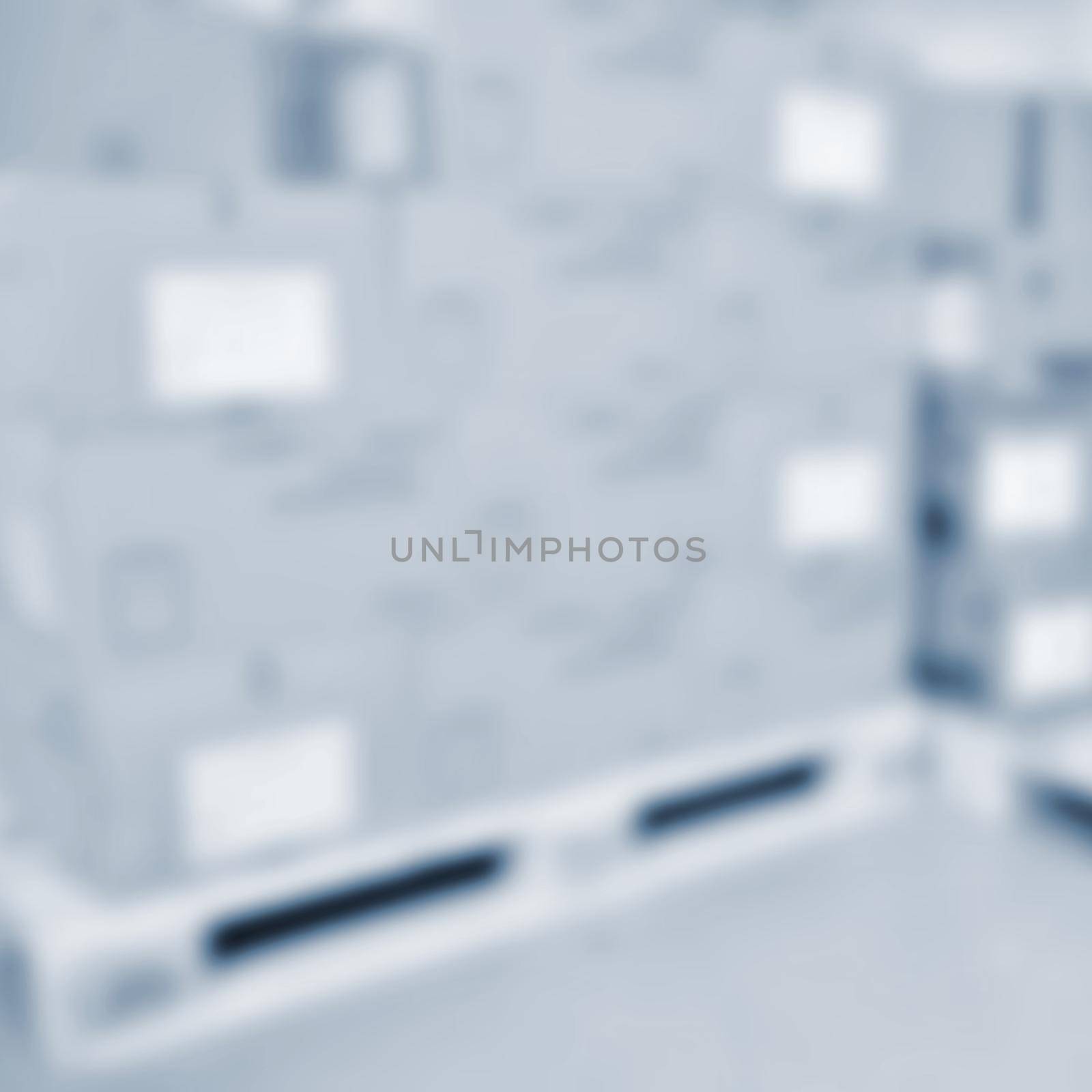 Blurred background warehouse. Abstract blurry warehouse storing. The interior of the warehouse with boxes and pallets.