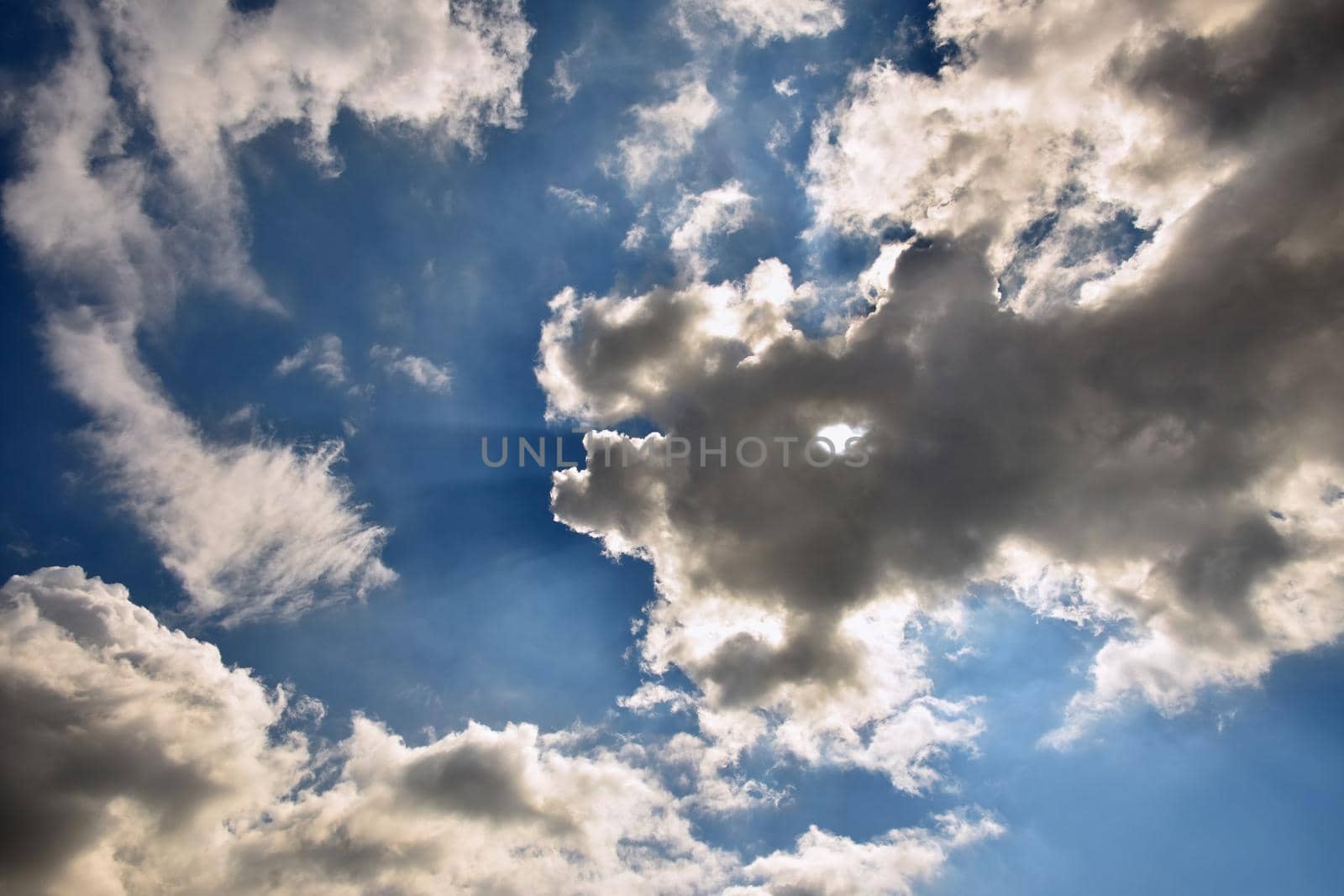 Blue sky with clouds and sun. Beautiful natural background.