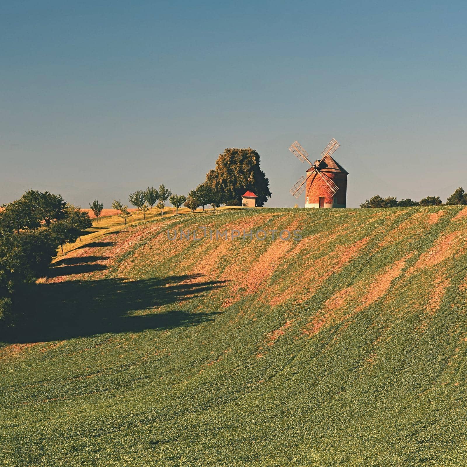 Beautiful old windmill and landscape with the sun. Chvalkovice - Czech Republic. Europe.