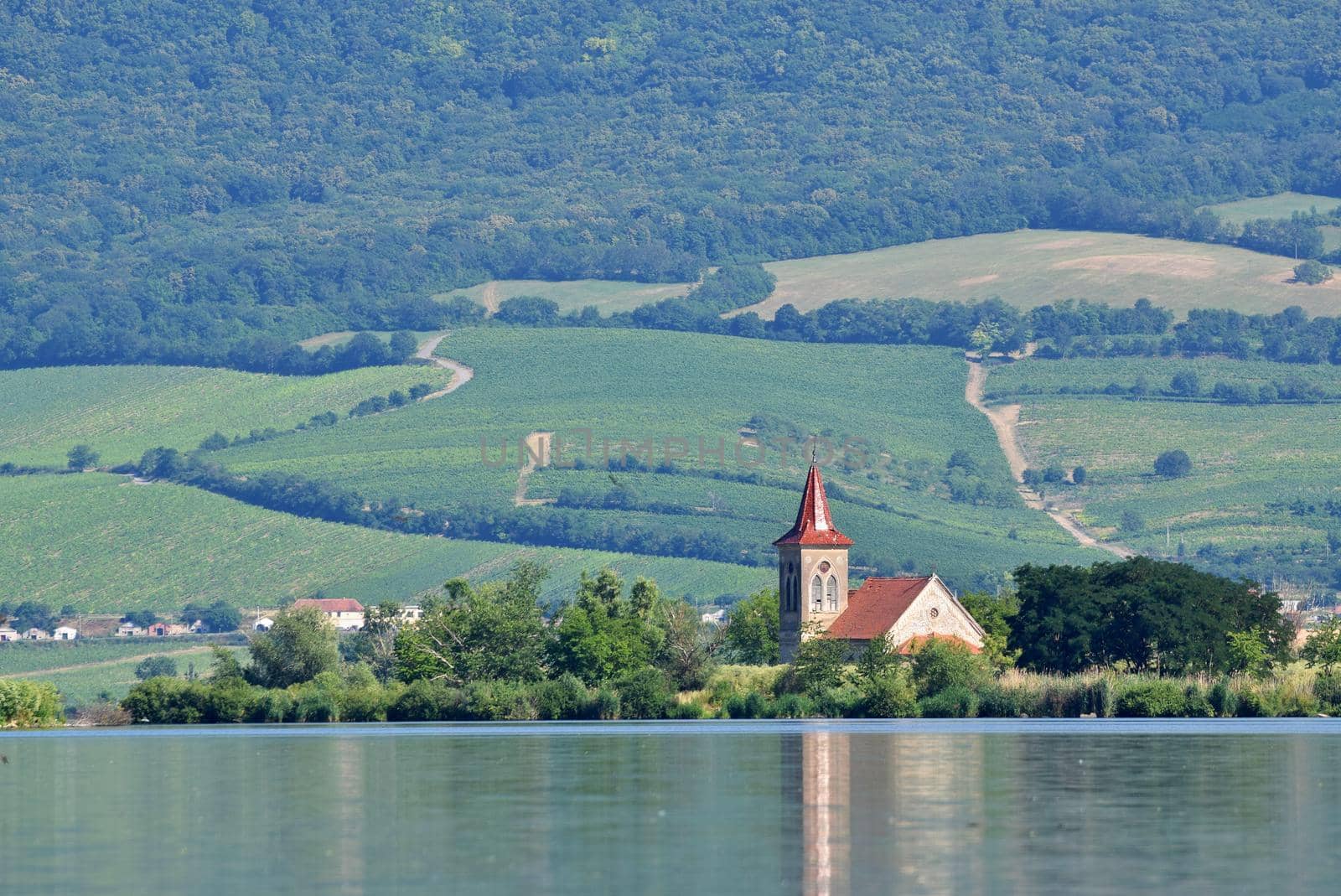 The island with the old church in the middle of the lake. Landscape under Palava. Czech Republic - South Moravian Region wine region. Water tank - New Mills - Pasohlavky. by Montypeter