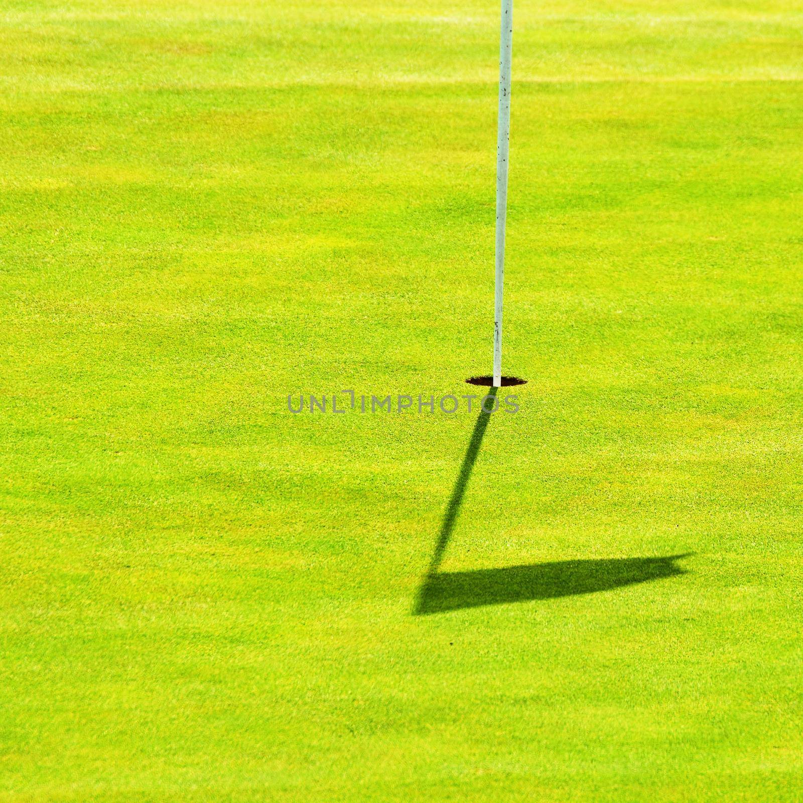 Nice golf course on a sunny summer day. Hole with a flag. Popular outdoor sport. by Montypeter