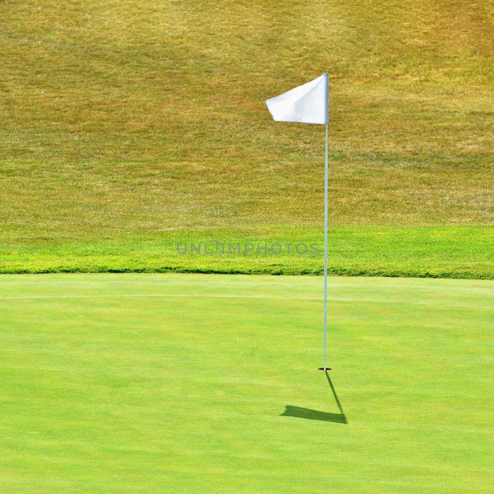 Nice golf course on a sunny summer day. Hole with a flag. Popular outdoor sport. by Montypeter