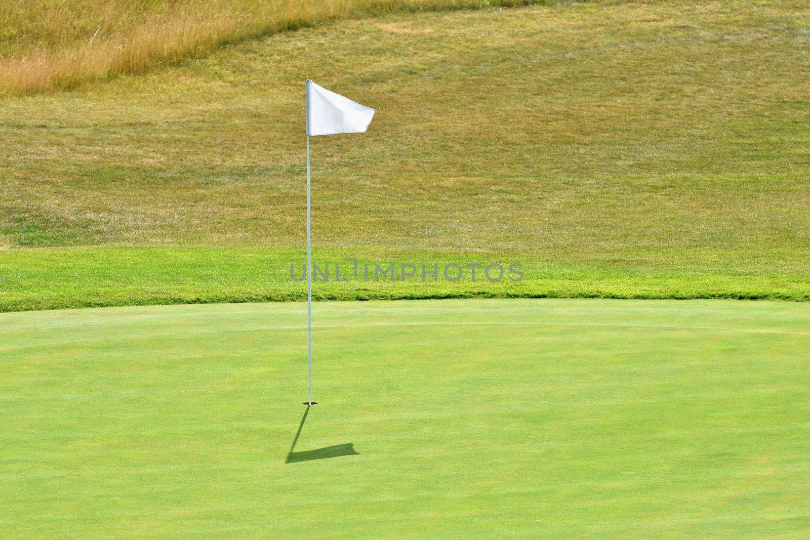 Nice golf course on a sunny summer day. Hole with a flag. Popular outdoor sport. by Montypeter