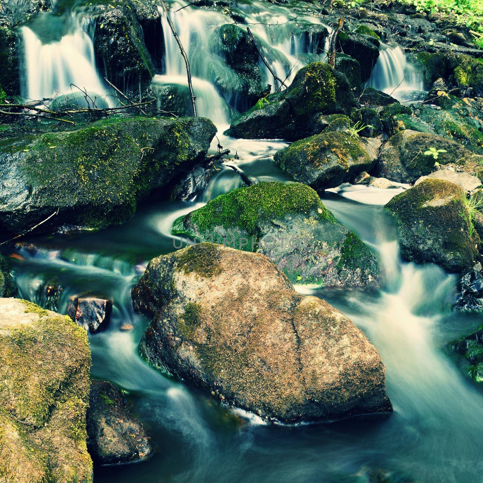 Beautiful nature with a river of rocks and forest. Outdoor colorful background with water. by Montypeter