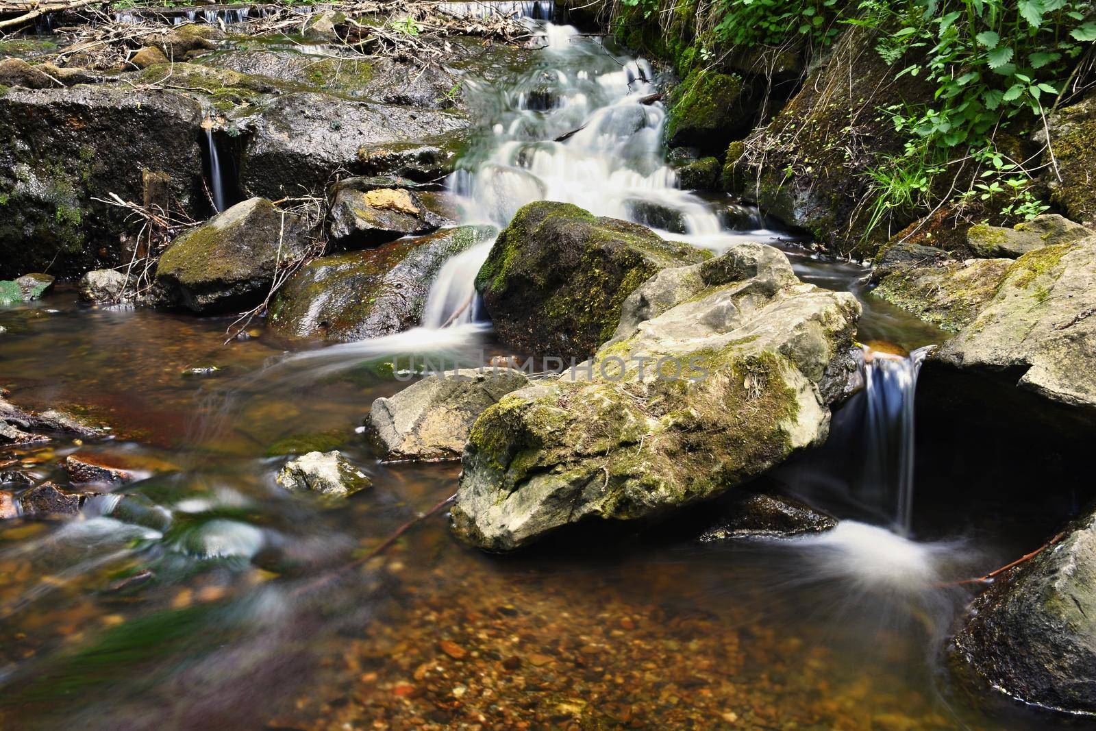 Beautiful nature with a river of rocks and forest. Outdoor colorful background with water. by Montypeter