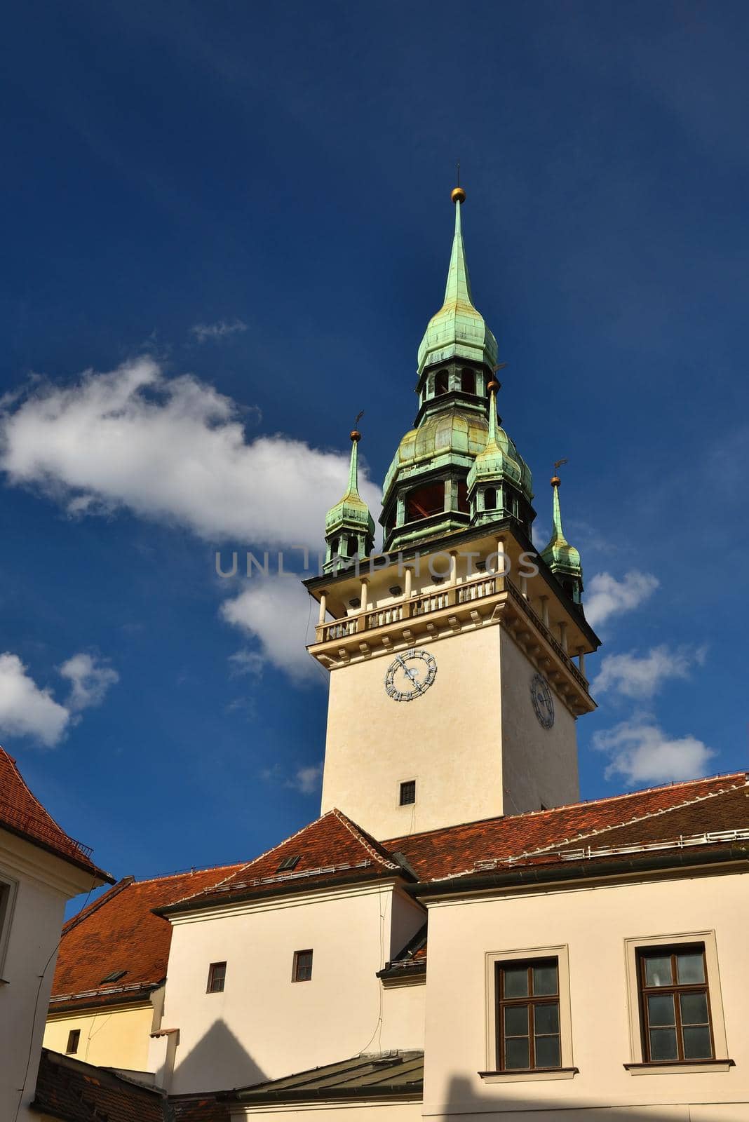 The city of Brno. - Czech Republic - Europe. Gate of the Old City Hall. A photo of the beautiful old architecture and tourist attraction with a lookout tower. Tourist Information Center.