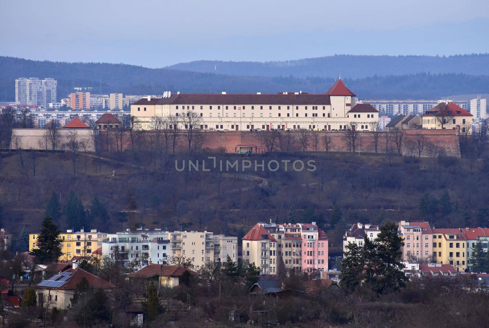 The city of Brno, Czech Republic-Europe. Top view of the city with monuments and roofs. by Montypeter