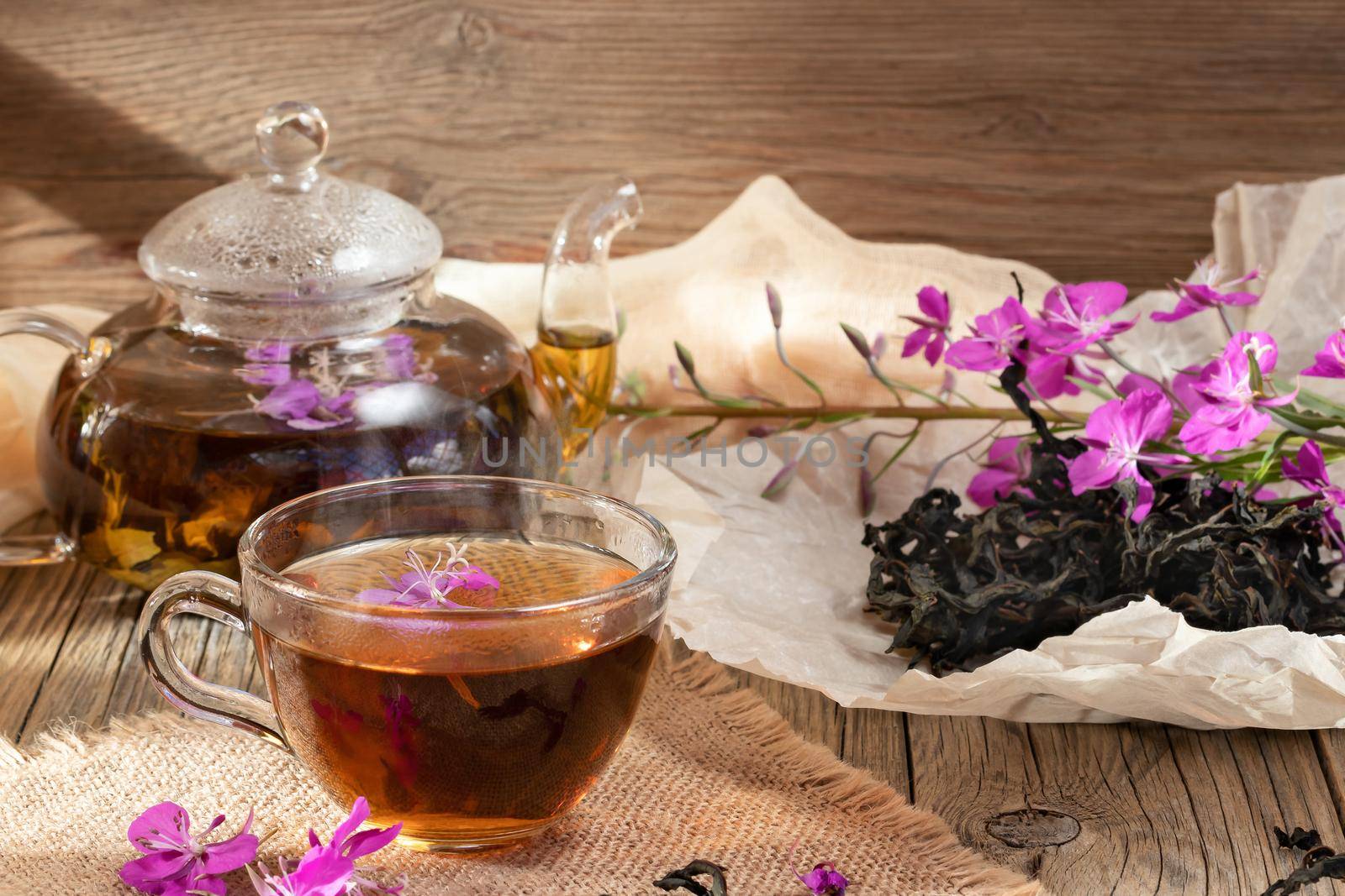 Herbal tea made from fireweed known as blooming sally in teapot and cup by galsand