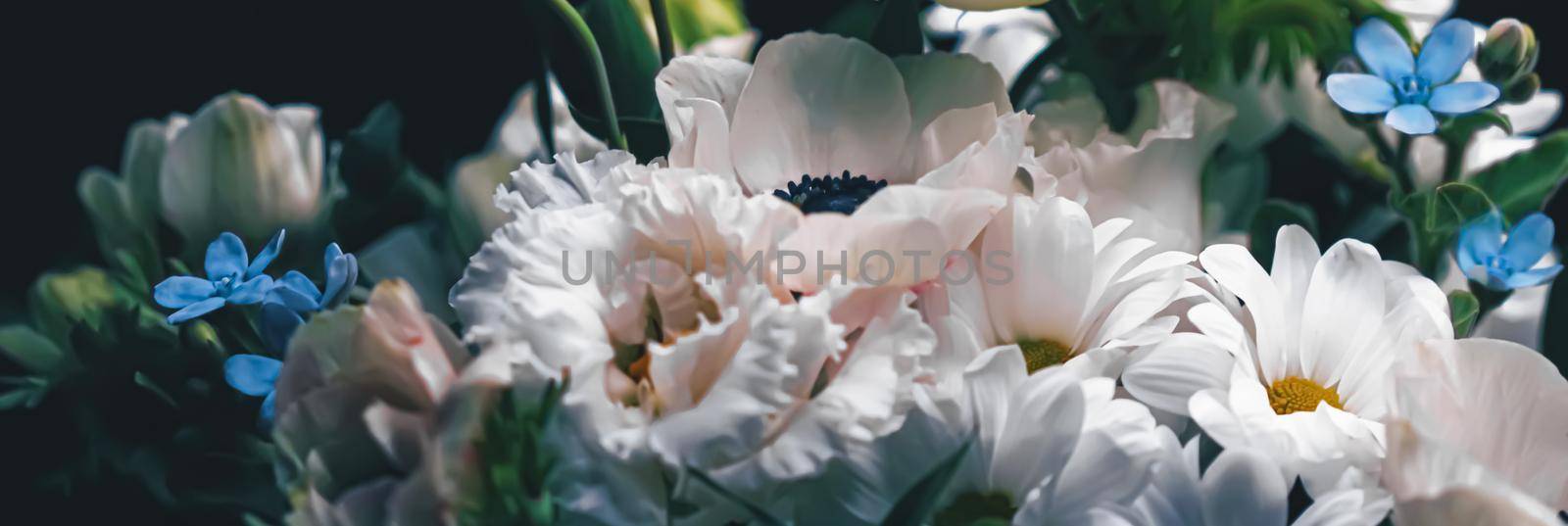 Flower bouquet on black background, beautiful floral arrangement, creative flowers and floristic design idea by Anneleven