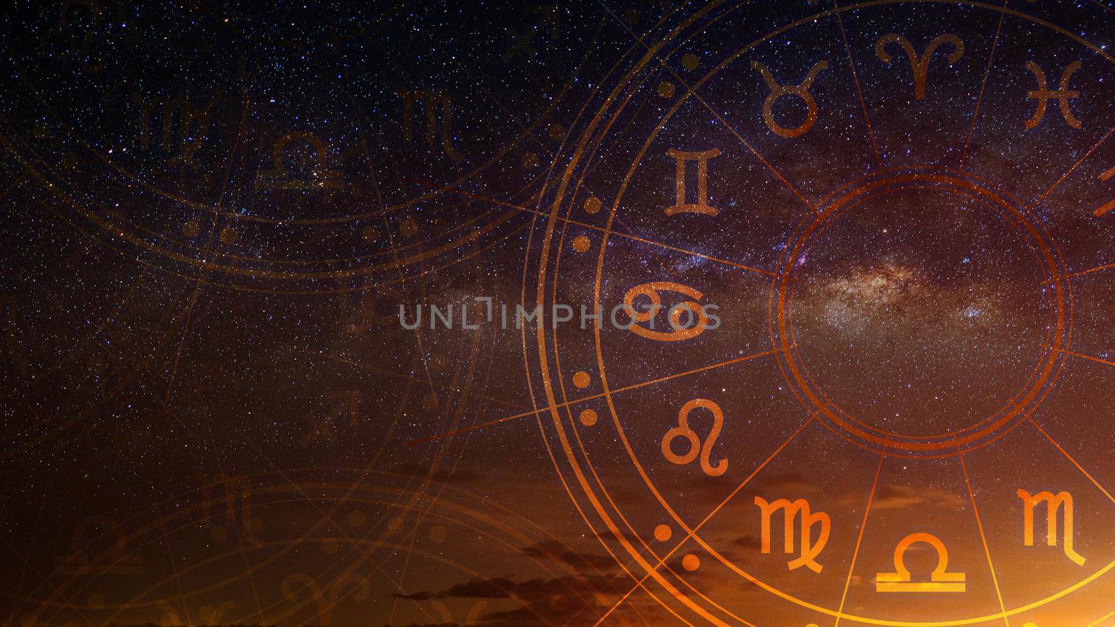 Astrological zodiac signs inside of horoscope circle. Astrology, knowledge of stars in the sky over the milky way and moon. The power of the universe concept. by thanumporn