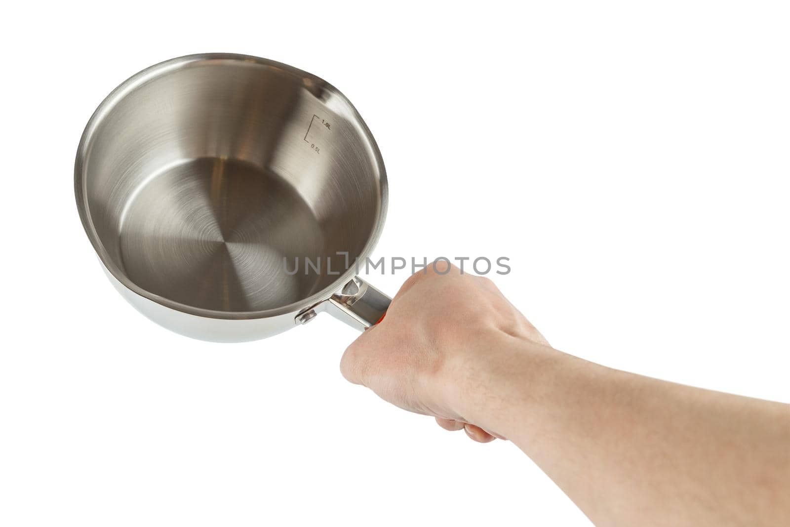 bare caucasian hand holding small shiny stainless steel pot - isolated on white background