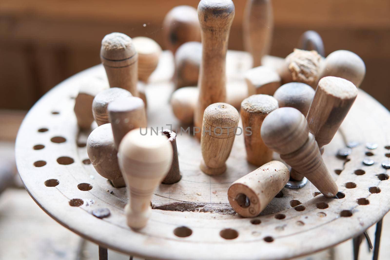 Wood carving tool Carpenter tools in stand at workplace Handmade woodworking instrument for woodwork hobby