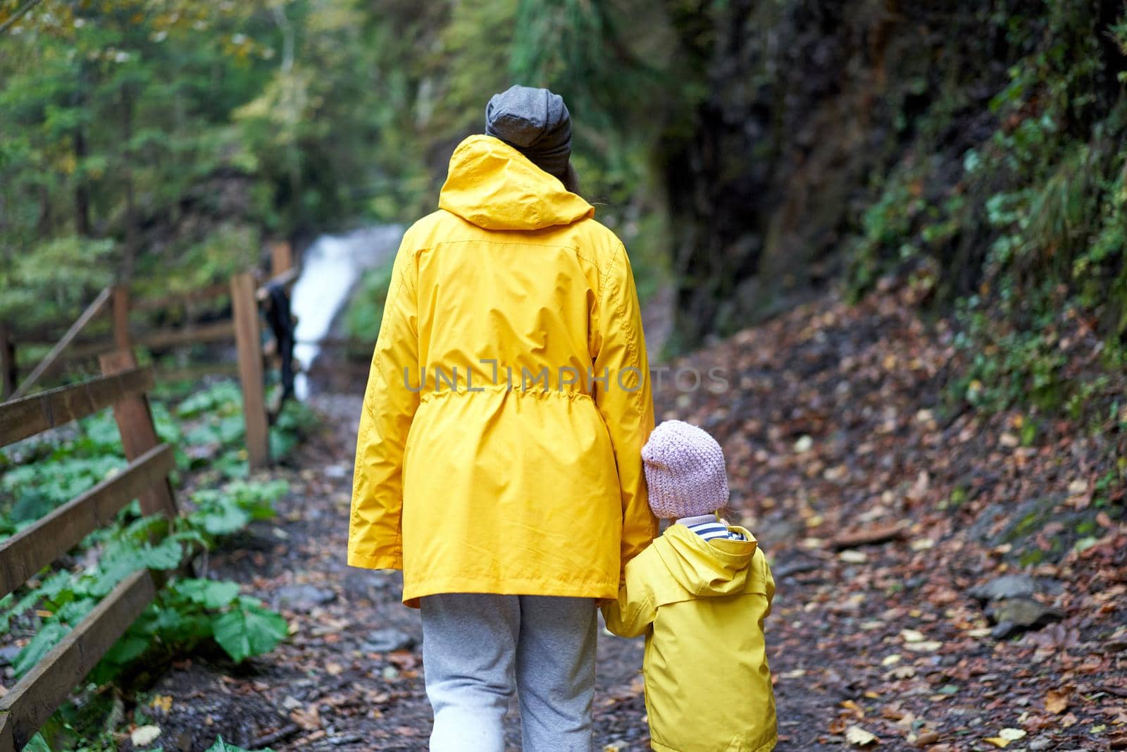 Rainy day Mother and little daughter walking after rain dressed yellow raincoat by andreonegin