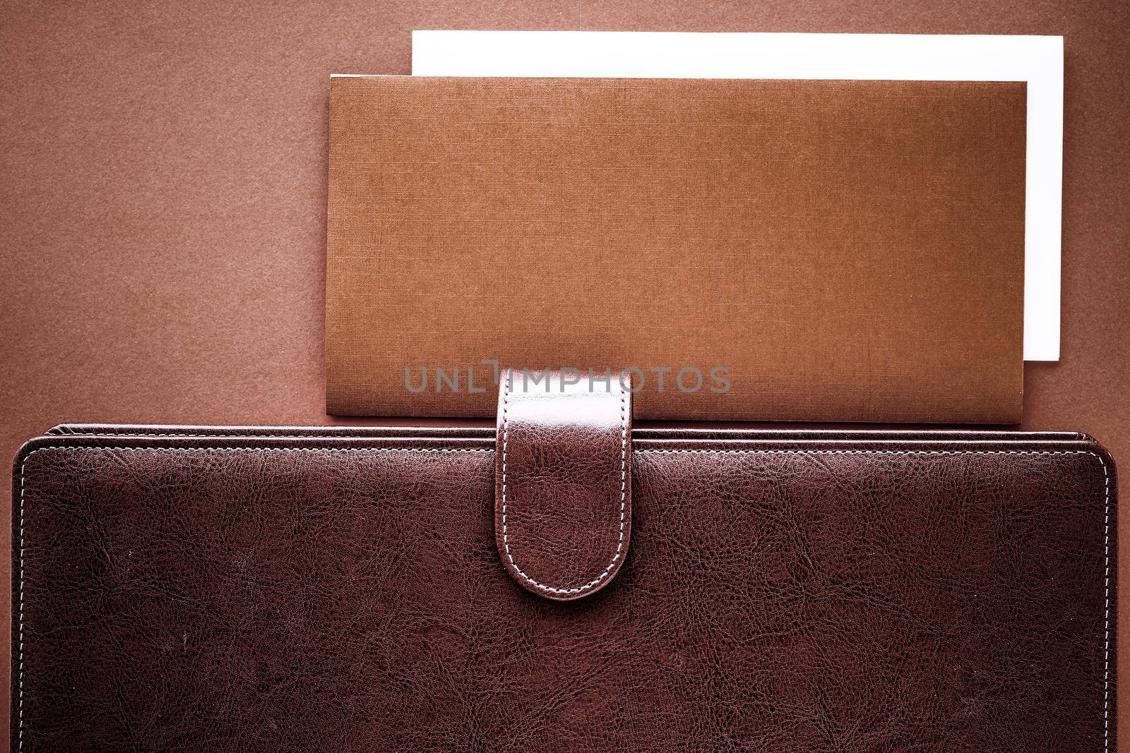 Productivity, work and corporate lifestyle concept - Vintage business briefcase on the office table desk, flatlay background