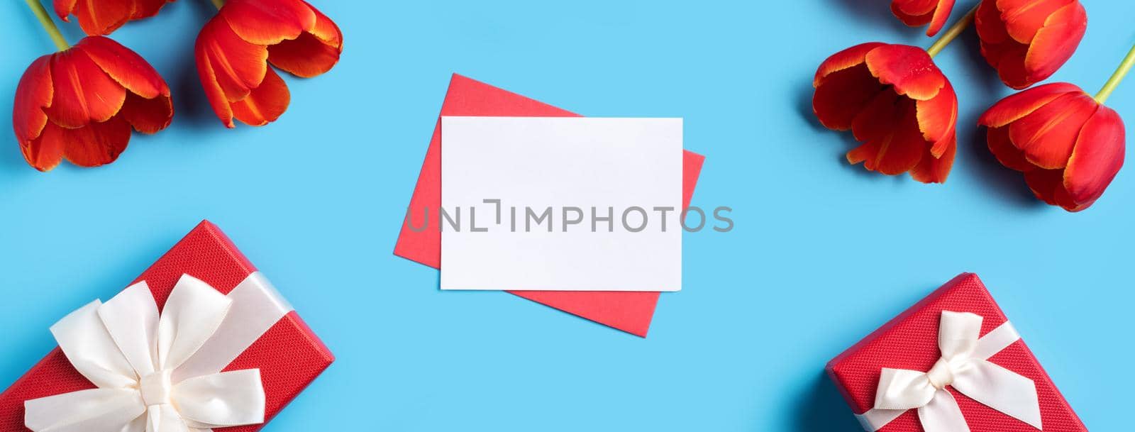 Design concept of Mother's day holiday greeting gift with red tulip bouquet and card on bright blue table background