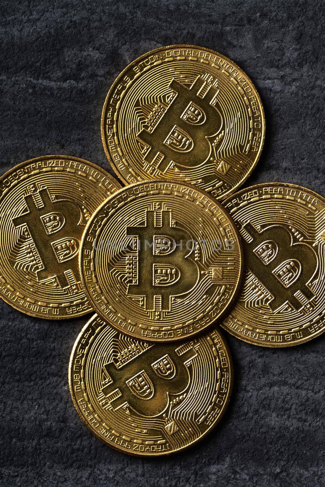 Bitcoin. Top view business cryptocurrency concept money on dark black slate table background.