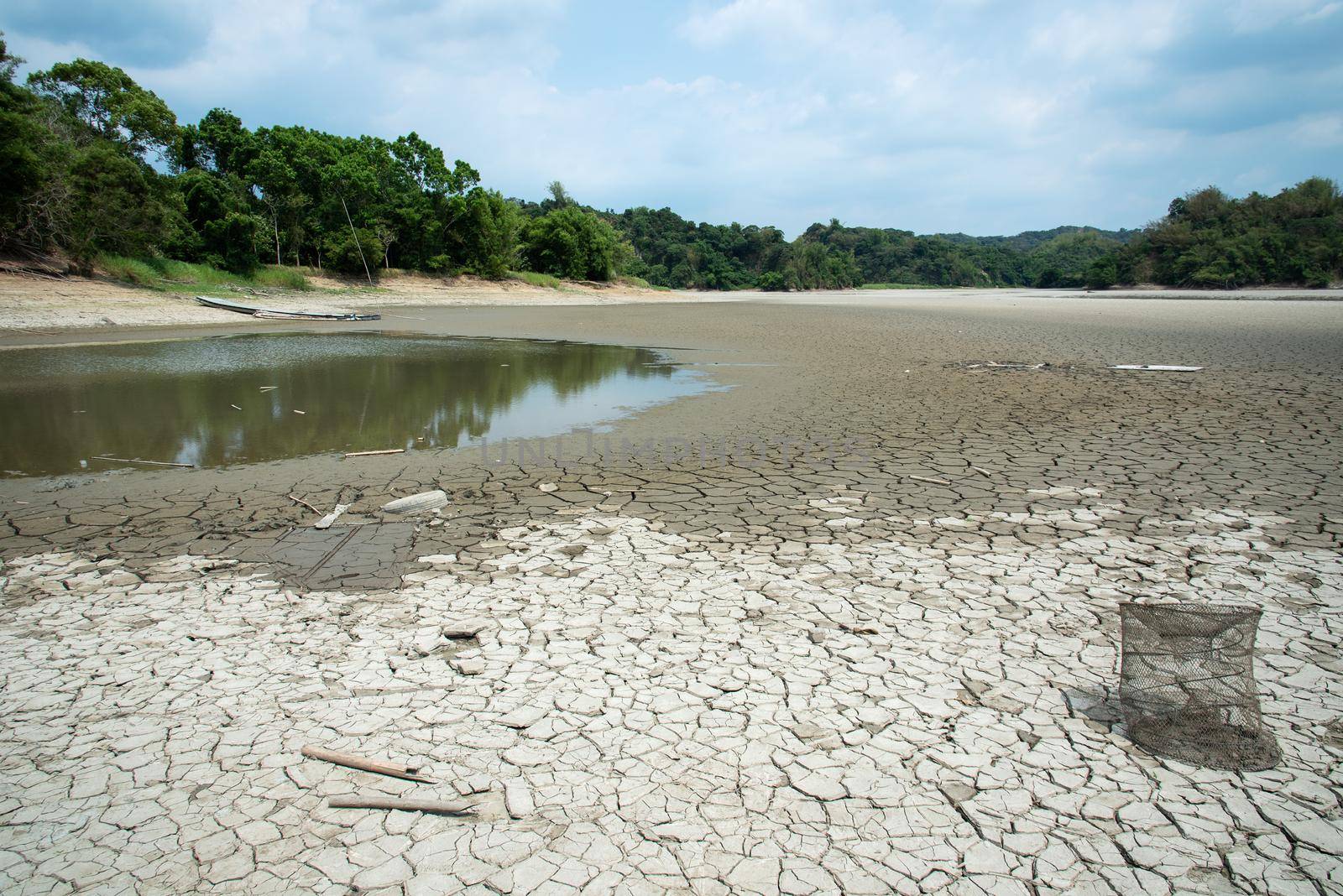 Drought lake and land in Guantian, Tainan, Taiwan. Water shortage concept.