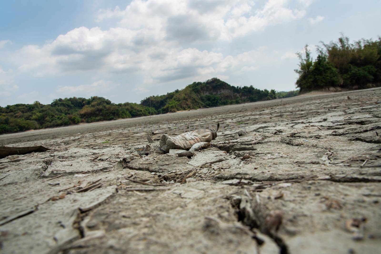 Drought lake and land in Guantian, Tainan, Taiwan. Water shortage concept.