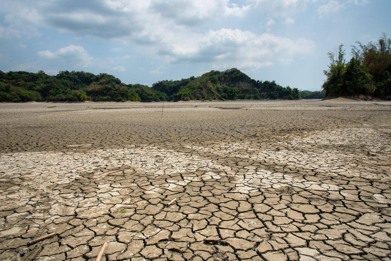 Drought lake and land in Guantian, Tainan, Taiwan. Water shortage concept.