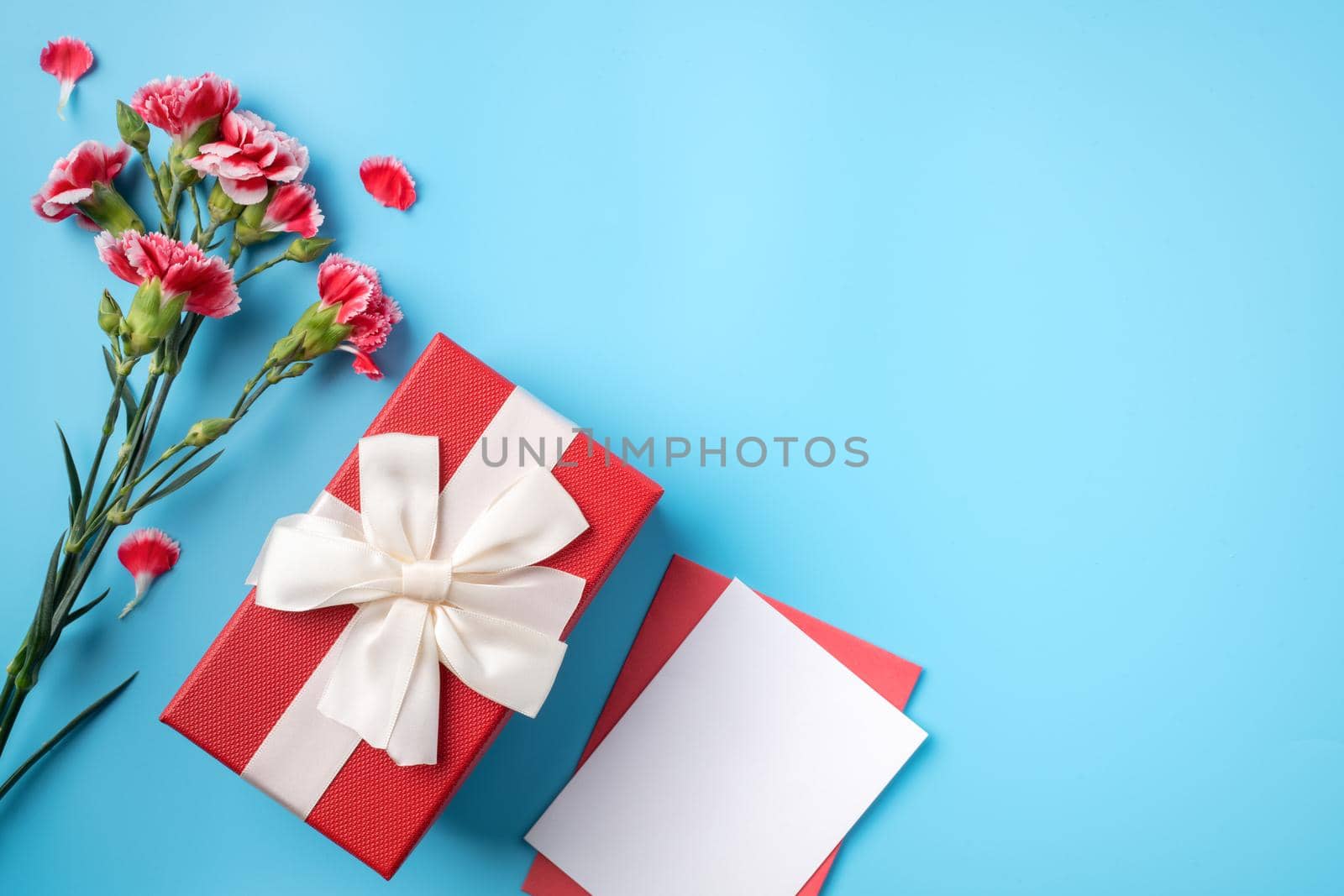 Mother's Day gift. Top view design concept of holiday greeting card with red carnation bouquet on bright blue table background
