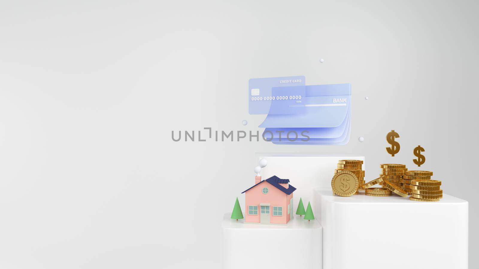 3d Render money home and golden coins  and credit card on white background