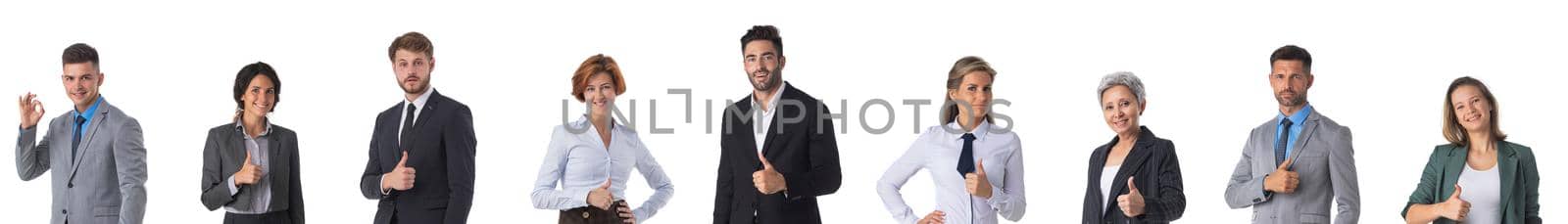 Set of various business people portraits with thumbs up studio isolated on white background