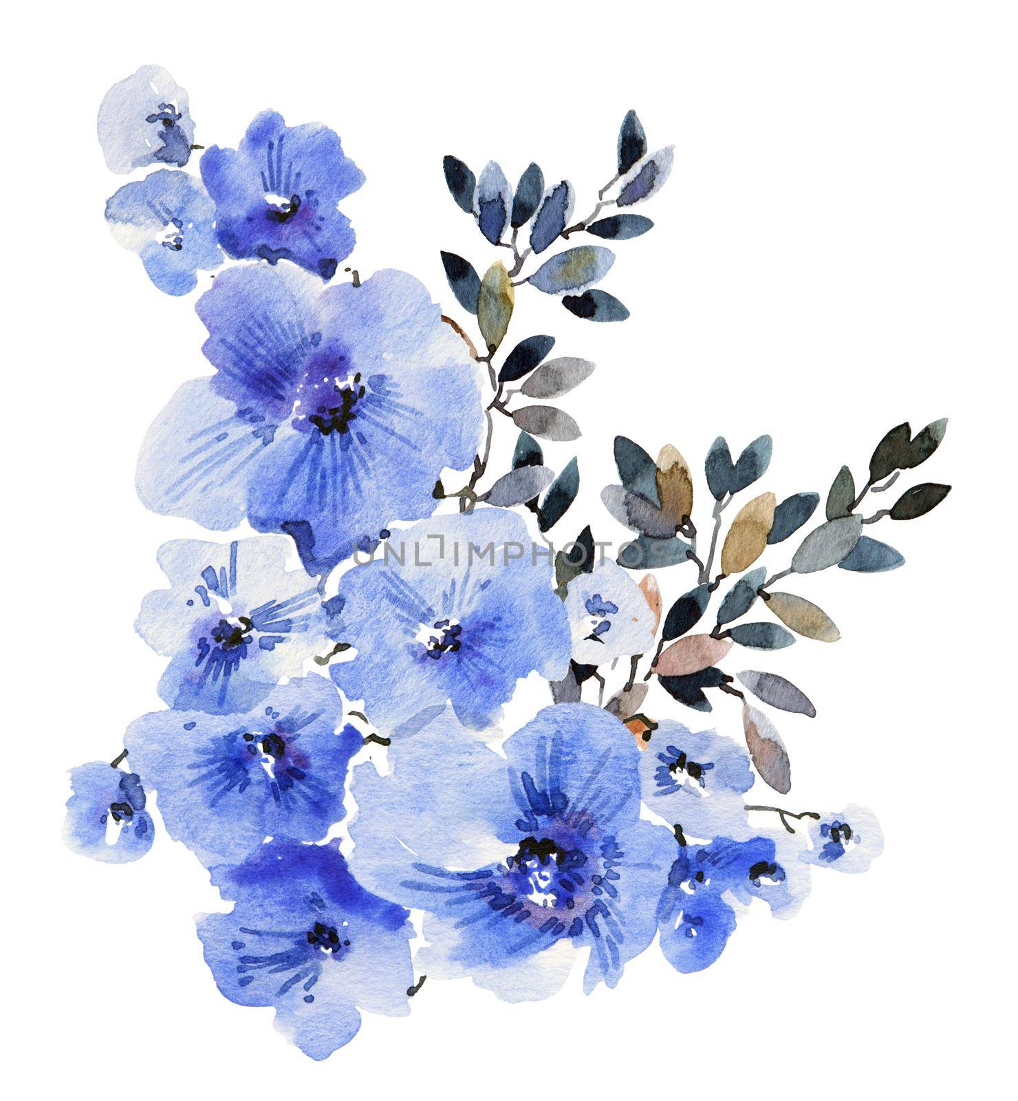 Watercolor illustration of blue flowers and leaves on white background. Design for greeting card, invitation or cover.