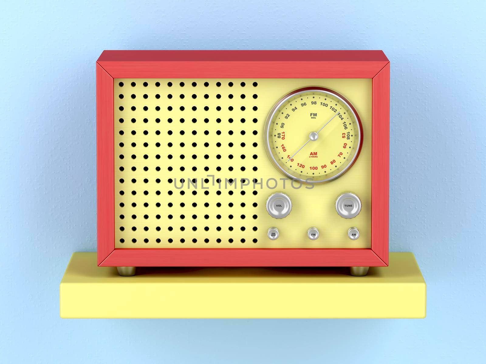 Colorful retro radio on shelf, front view