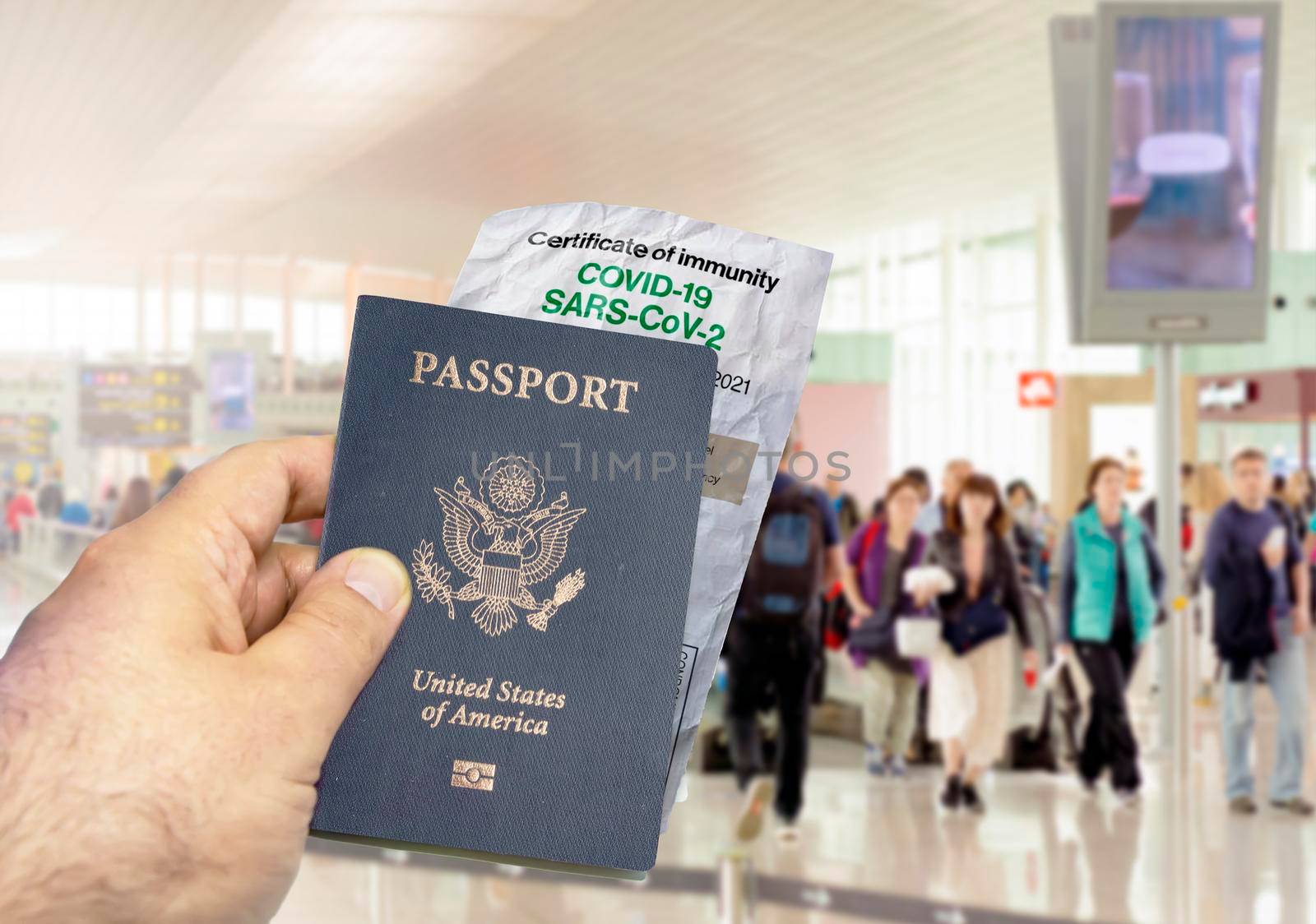 hand holding a US passport with a wrinkled paper Coronavirus Covid 19 immunity certificate blurred airport in the background by rarrarorro