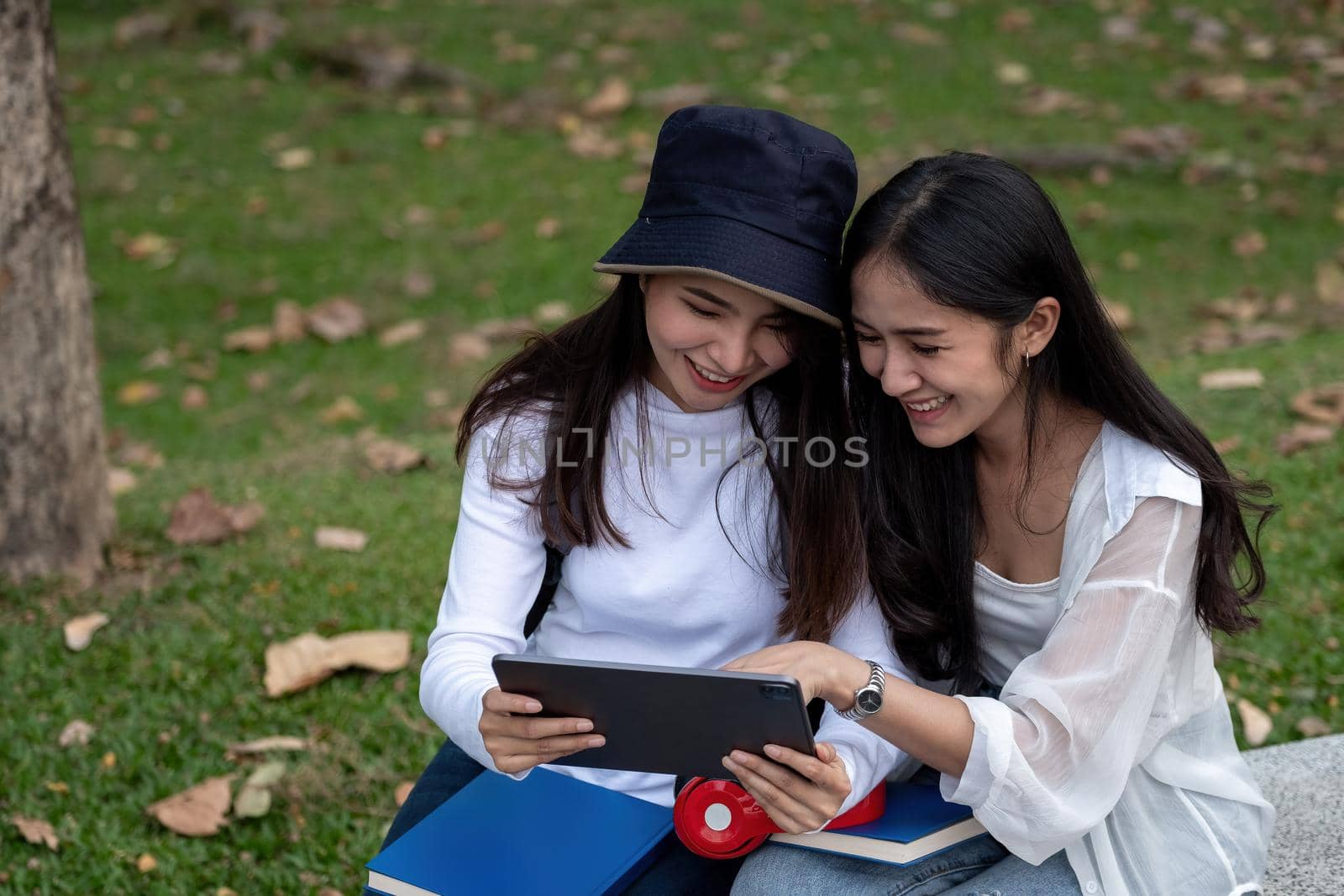 Two female university students outdoor study, using digital tablet together at the park in university.