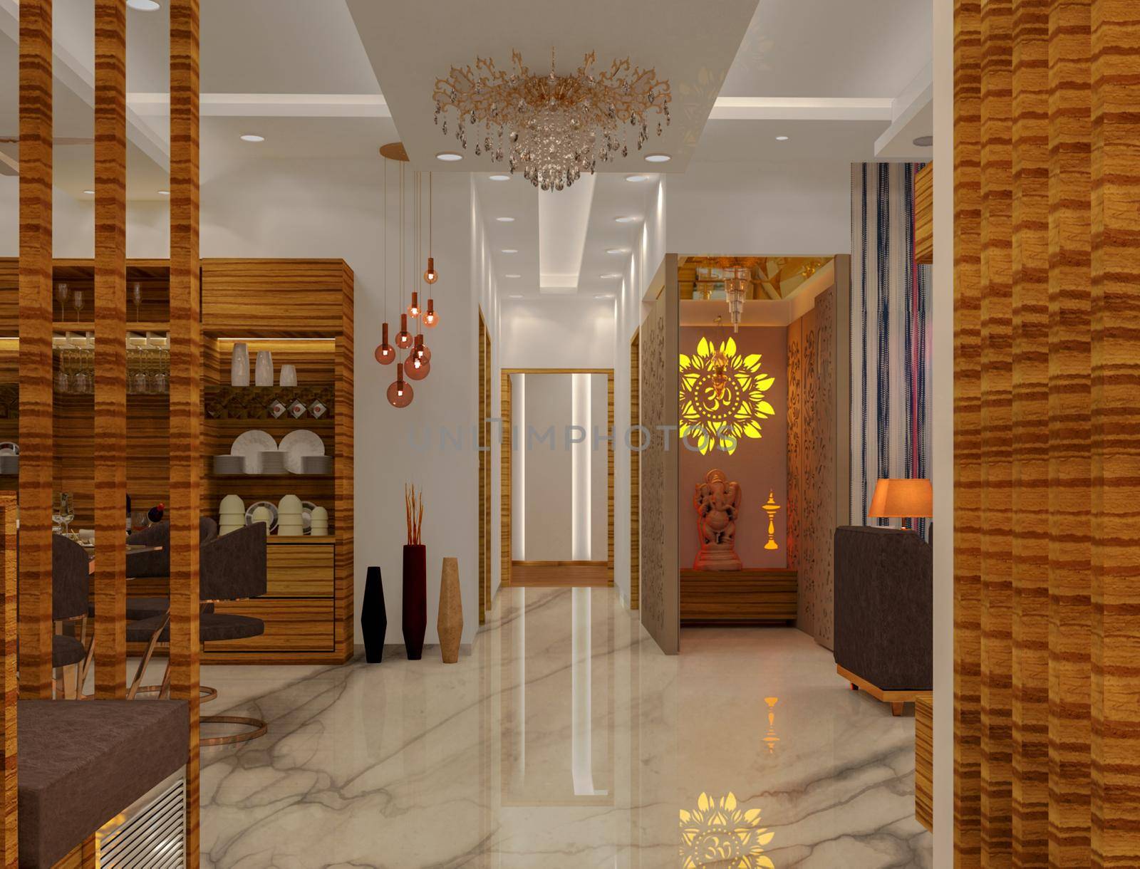 3D rendered contemporary style living room with temple and white color finish false ceiling with cove light. by Maharana777