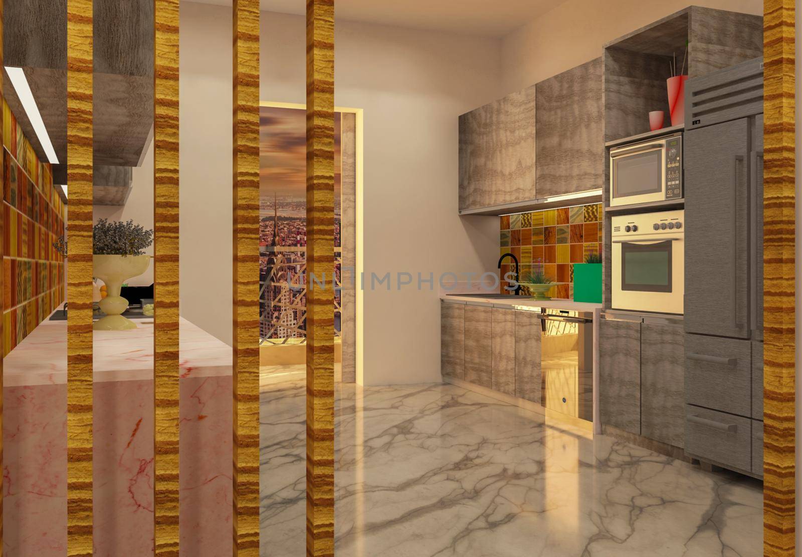 3D rendered contemporary style kitchen with storage unit and white color finish false ceiling with cove light.