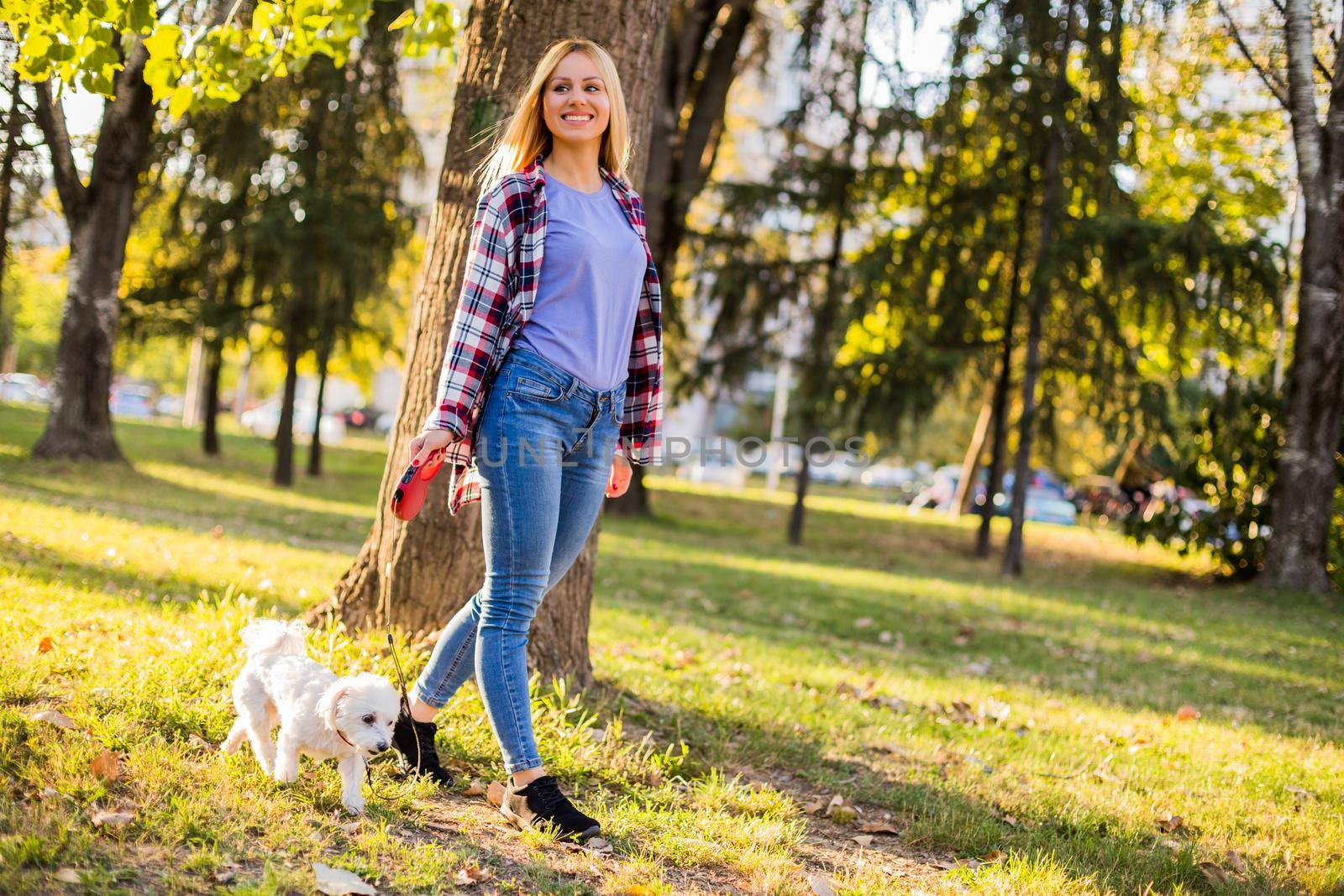 Beautiful woman walking with her Maltese dog in the park.