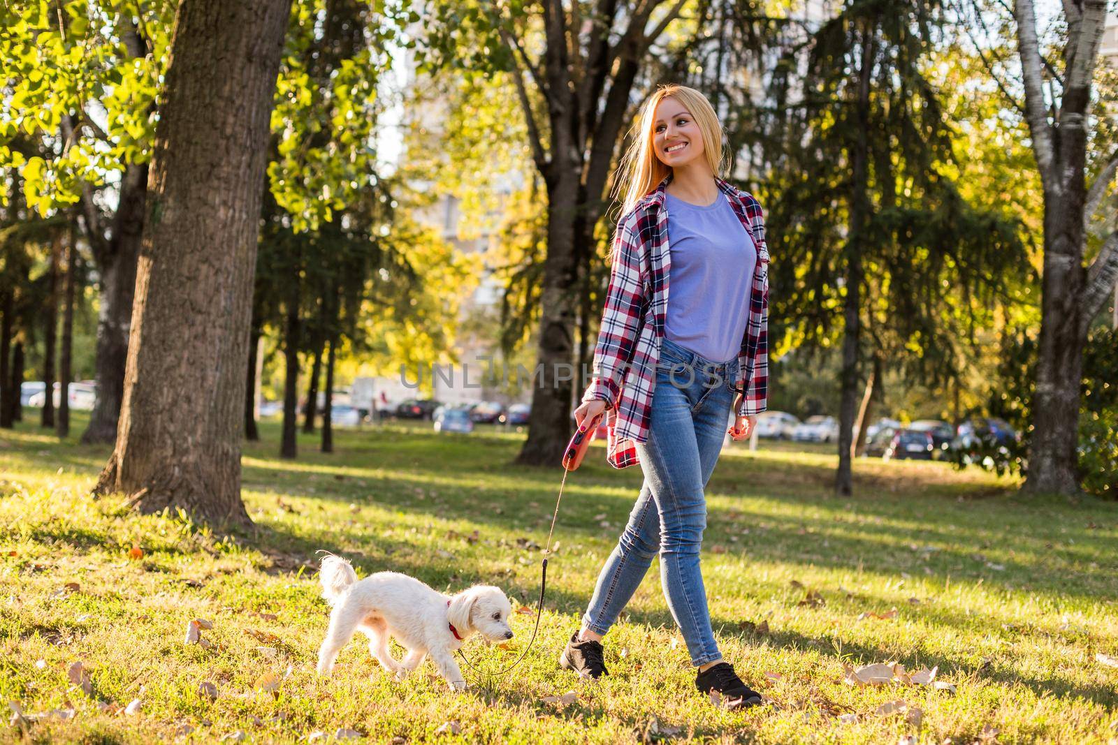 Beautiful woman walking with her Maltese dog in the park.