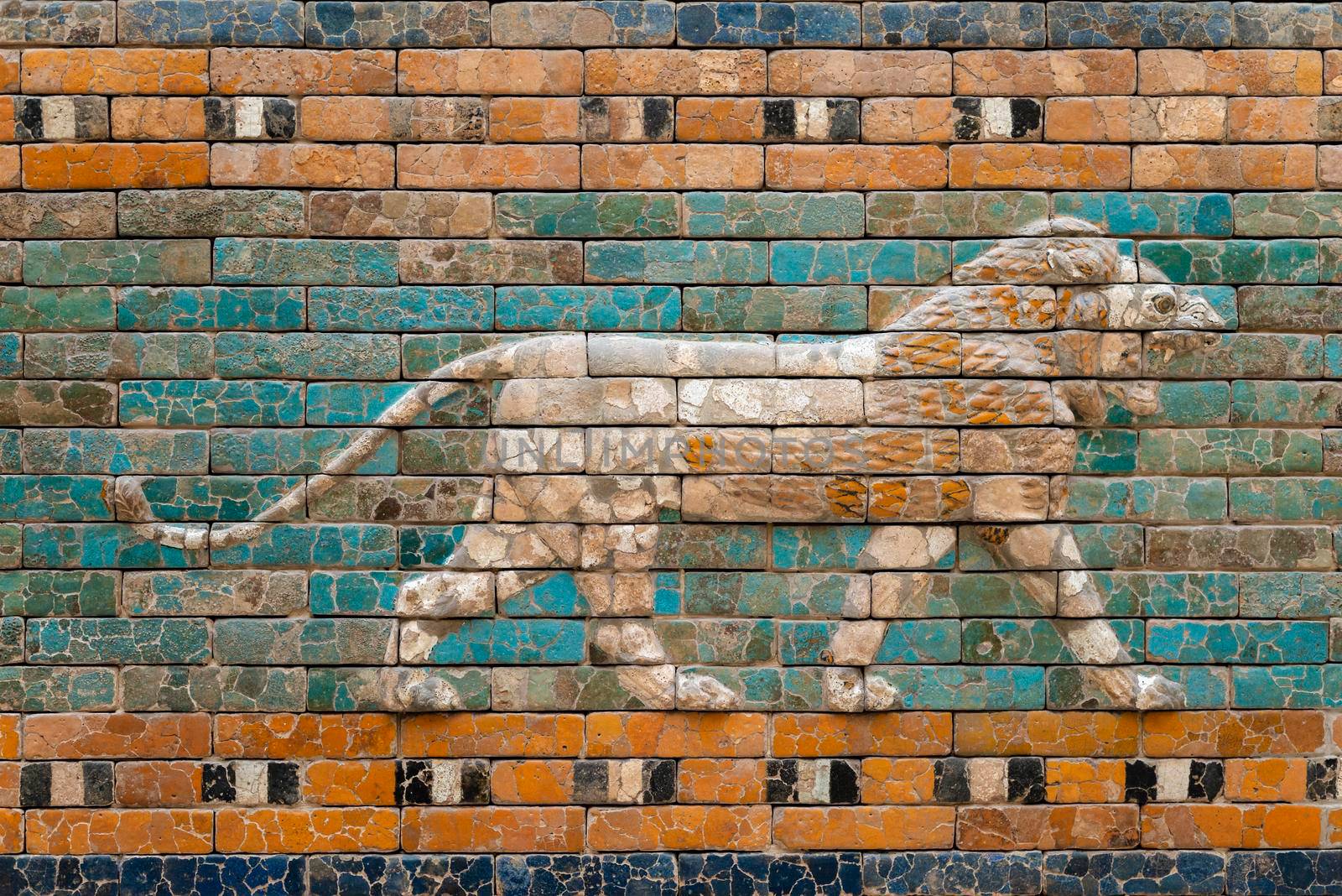 walking lion relief on glazed ceramic wall from ancient Babylon

