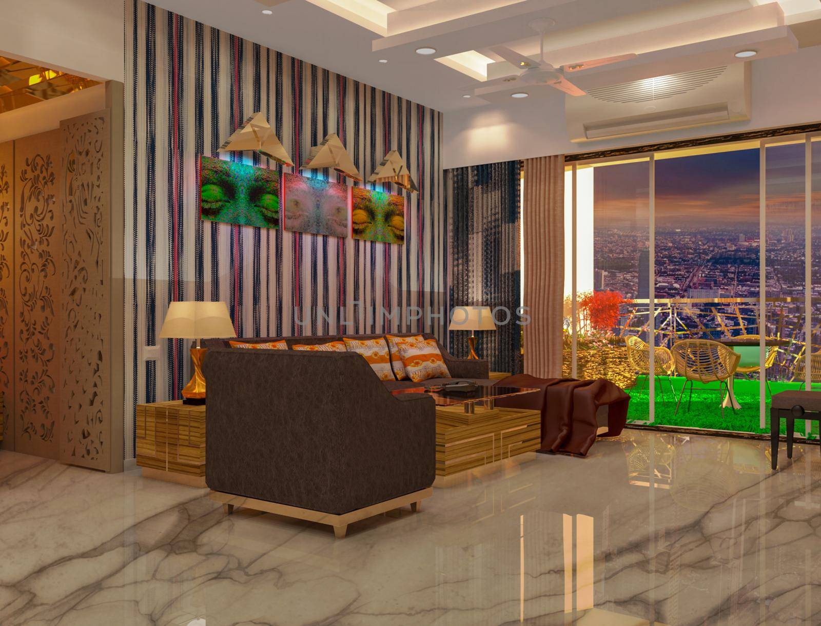 3D rendered contemporary style living room with TV unit and white color finish false ceiling with cove light.